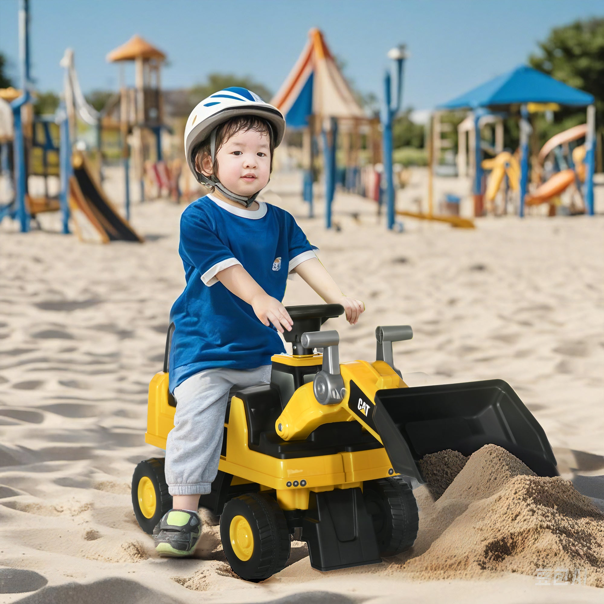 Caterpillar CAT Licensed Kids Ride on Excavator No Power Construction Vehicles with Manual Shovel, Horn, Hidden Storage