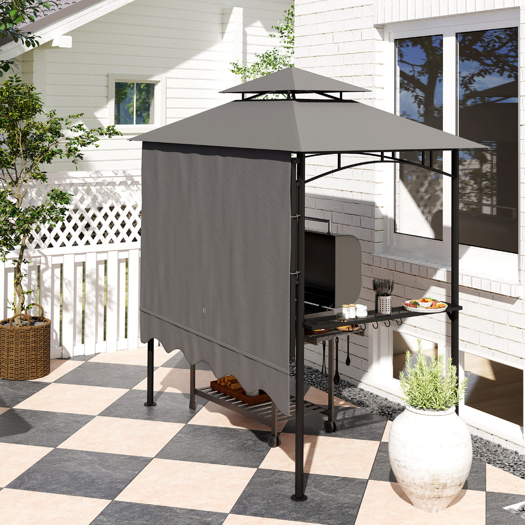 8' x 7.6' Outdoor Grill Gazebo, Barbecue Gazebo Shelter with Side Awning, 2 Side Shelves and 6 Hooks, Dark Gray