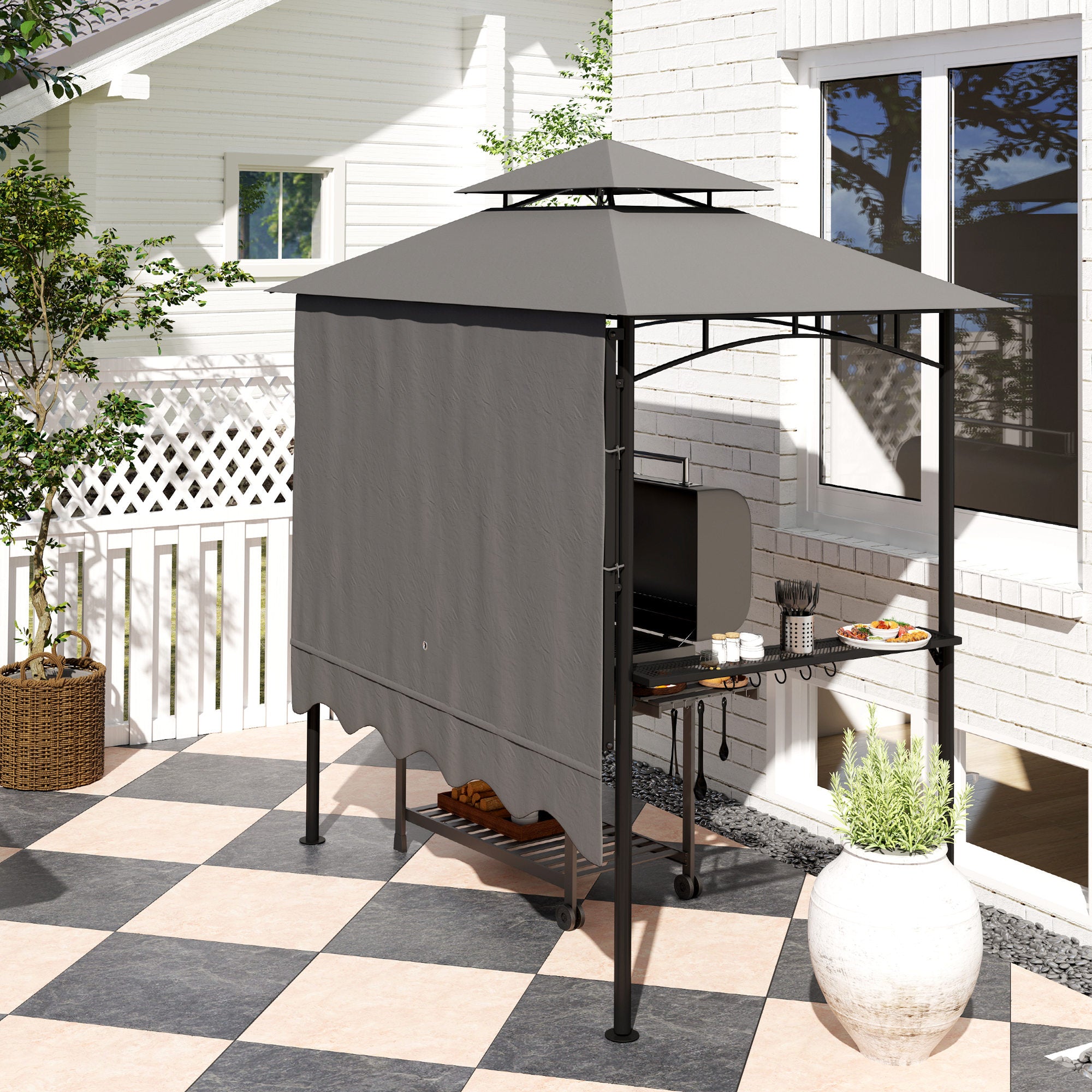 8' x 7.6' Outdoor Grill Gazebo, Barbecue Gazebo Shelter with Side Awning, 2 Side Shelves and 6 Hooks, Dark Gray