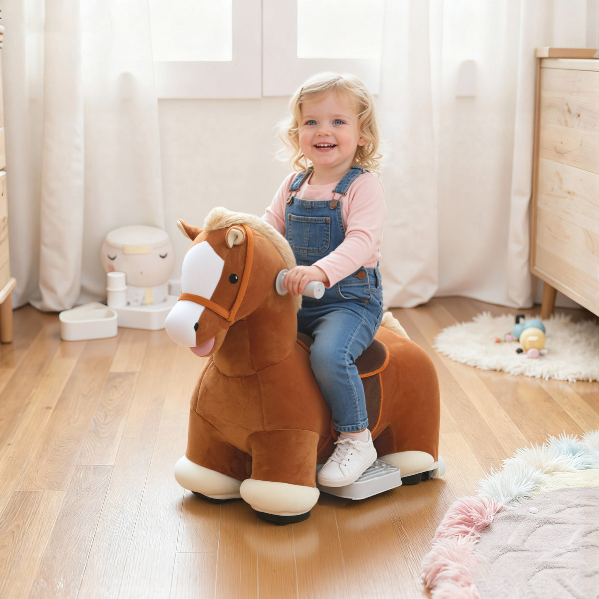 6V Battery Powered Ride on Horse with Music, Forward, Foot Pedal, Soft Touch, Washable Cover, for 1.5-5 Years Old