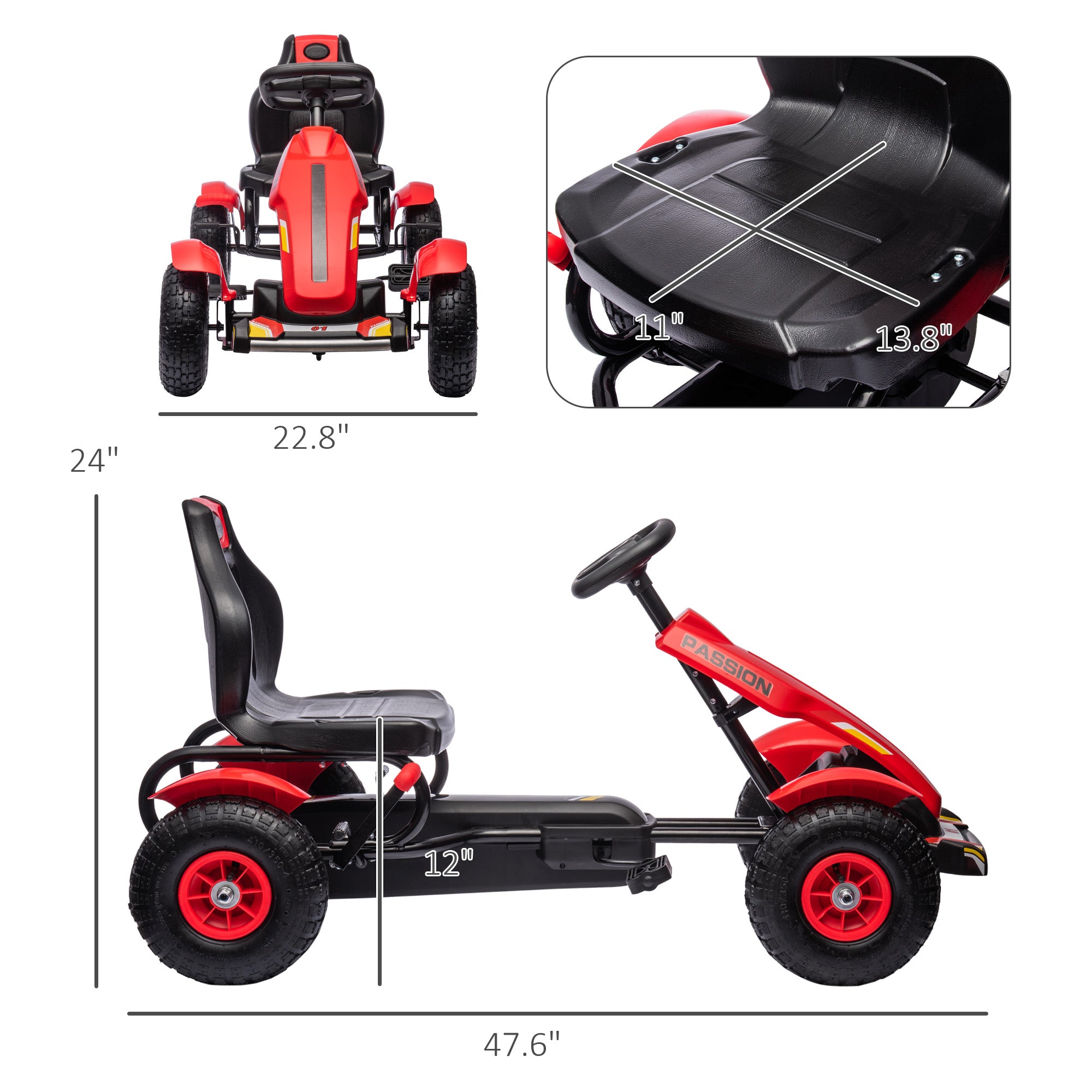 Kids Pedal Go Kart for Ages 5–12 with Adjustable Seat, Handbrake, Reverse Drive, Inflatable Rubber Tires & Suspension, Red