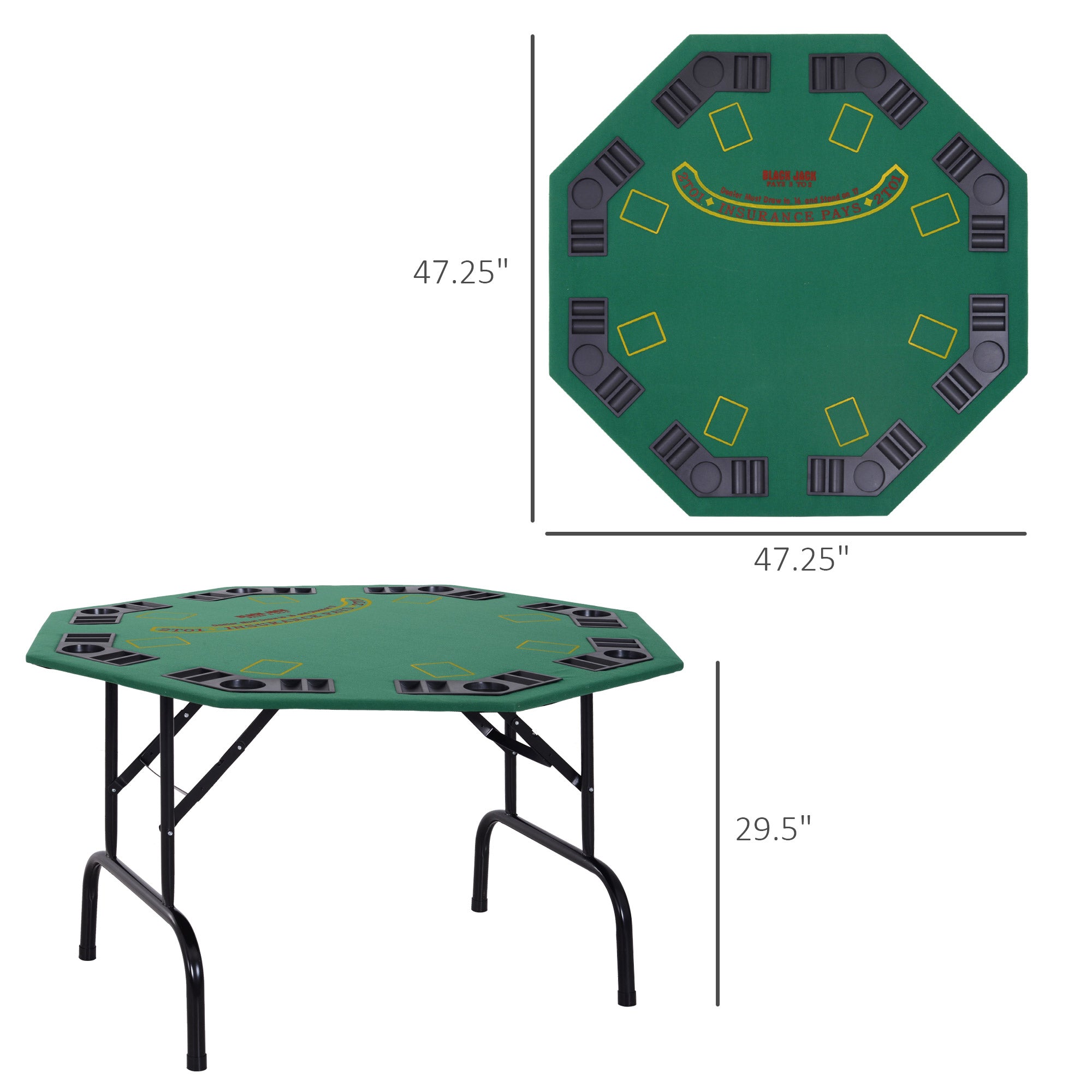 Poker Table Foldable, 47" Octagon Blackjack Poker Game Table for 8 Players with Cup Holders and Chips Tray, Green Felt