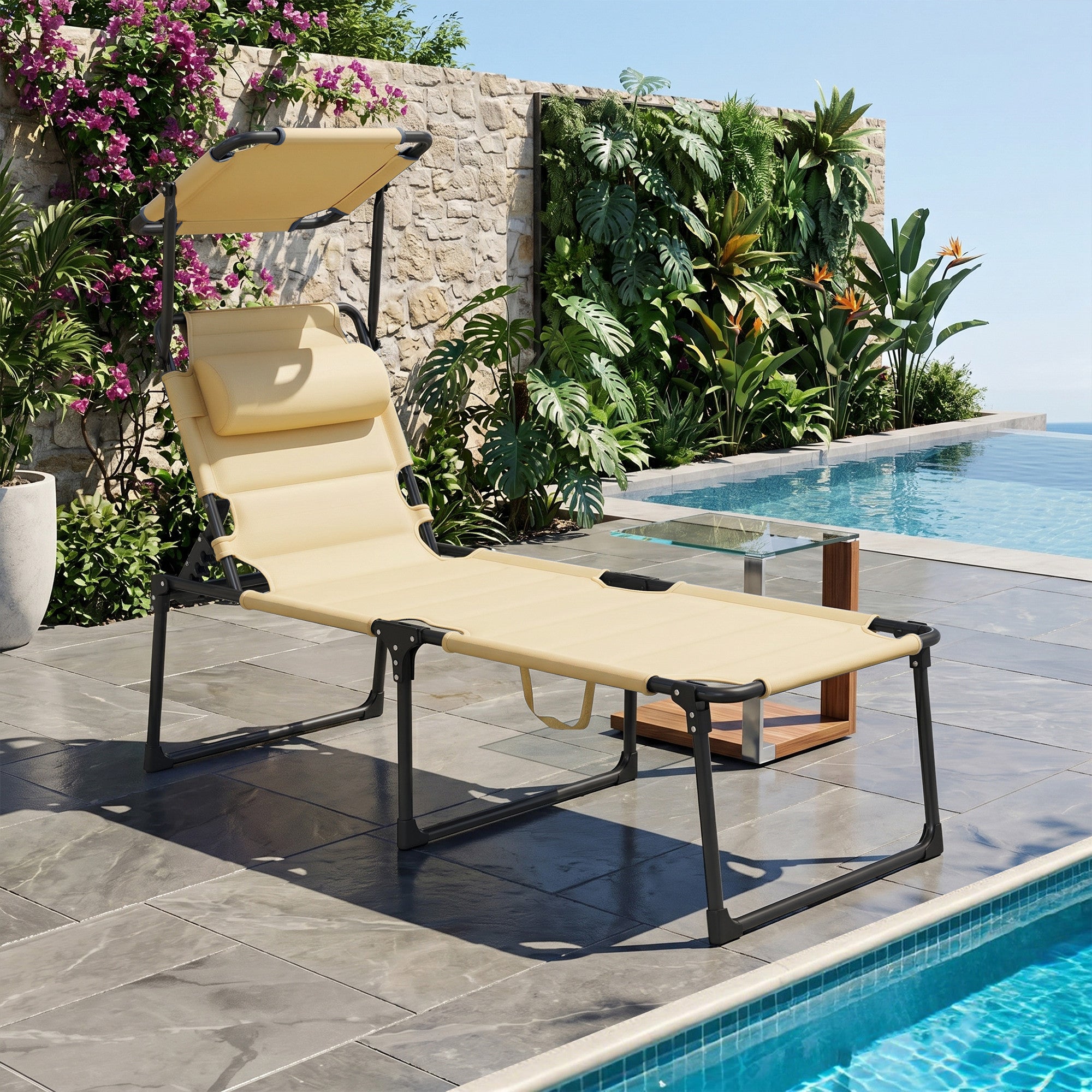 Outdoor Lounge Chair, 4 Position Adjustable Backrest, Folding, Cushioned w/ Sun Shade Roof & Pillow, Cream White