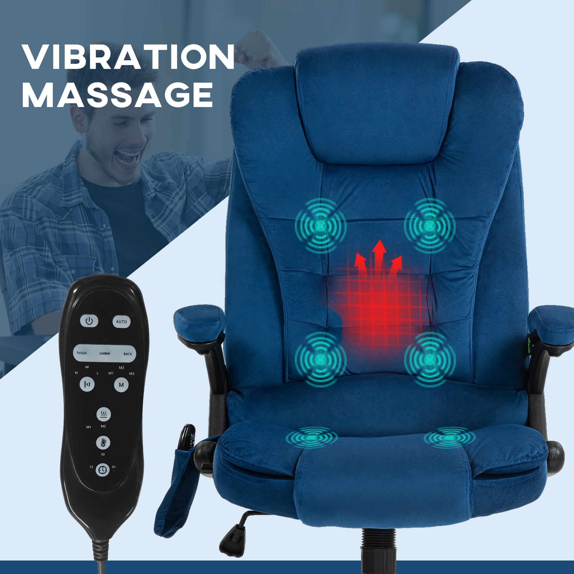 6 Point Executive Office Chair with Heat, Velvet High Back Vibrating Massage Office Chair, Drak Blue