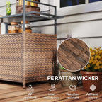 2-Tier Shelf PE Rattan Outdoor Bar Table, Glass Top Outdoor Serving Cart with Cabinet, Mixed Brown
