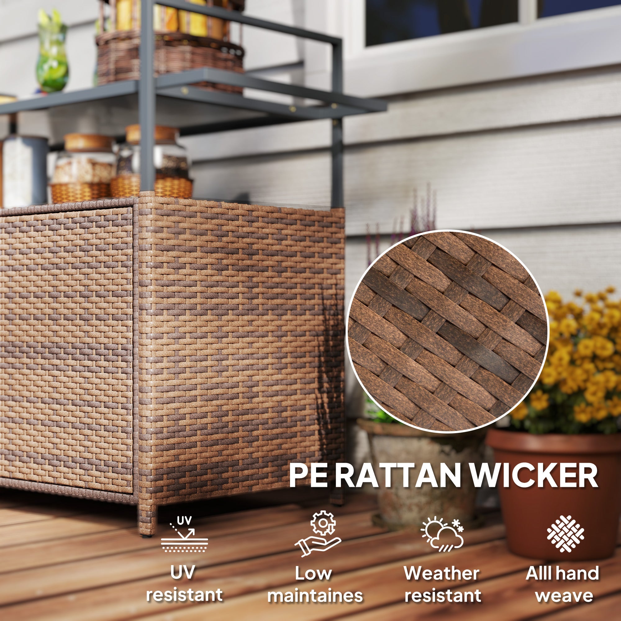 2-Tier Shelf PE Rattan Outdoor Bar Table, Glass Top Outdoor Serving Cart with Cabinet, Mixed Brown