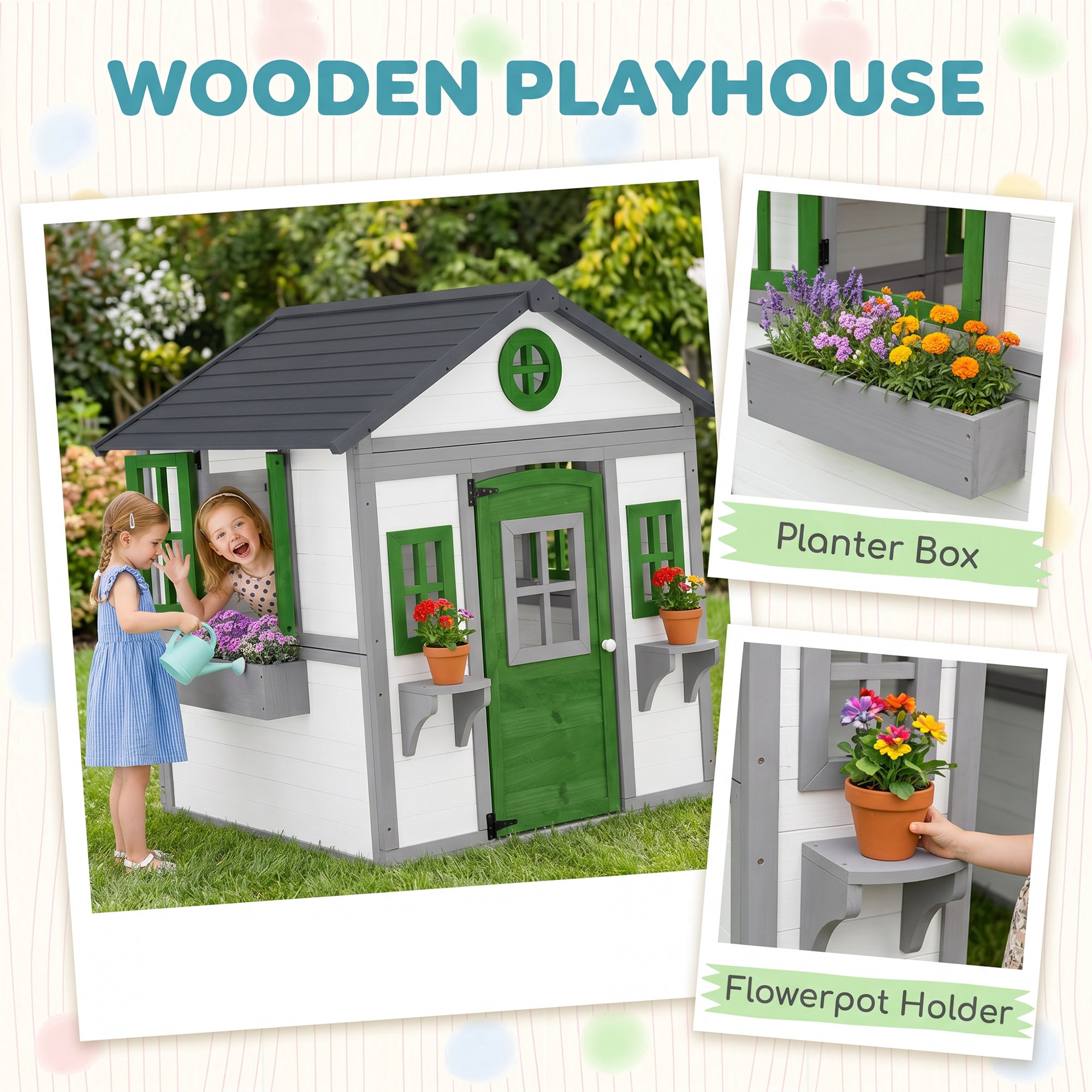 Wooden Playhouse for Kids Outdoor with Doors, Windows, Planter Pots and Boxes for Toddlers 3-8 Years, White