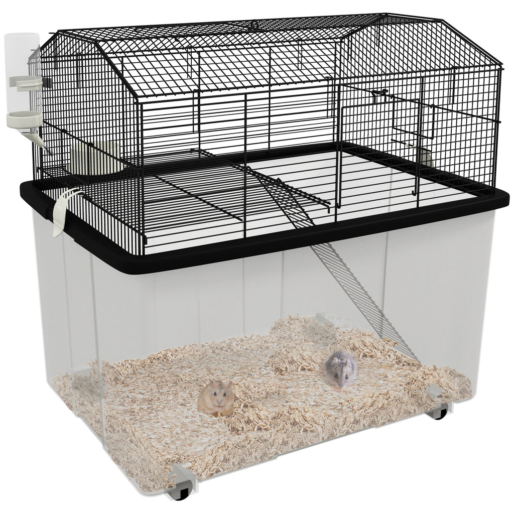 22" 2-Tier Hamster Cage with Extra-Deep 14" Base, Small Animal Cage with Ramp, Water Bottle, Food Dish, Wheels, Black
