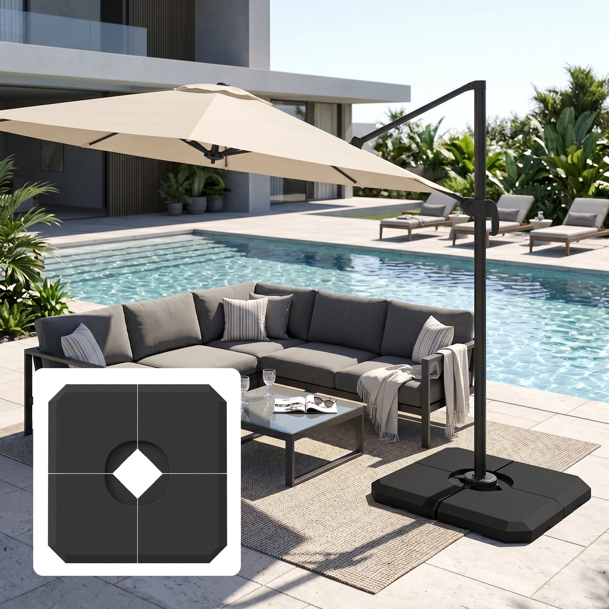 4-Piece Heavy Duty Cantilever Offset Umbrella Stand Base Weight, 264 lb. Capacity, Easy to Fill with Water or Sand