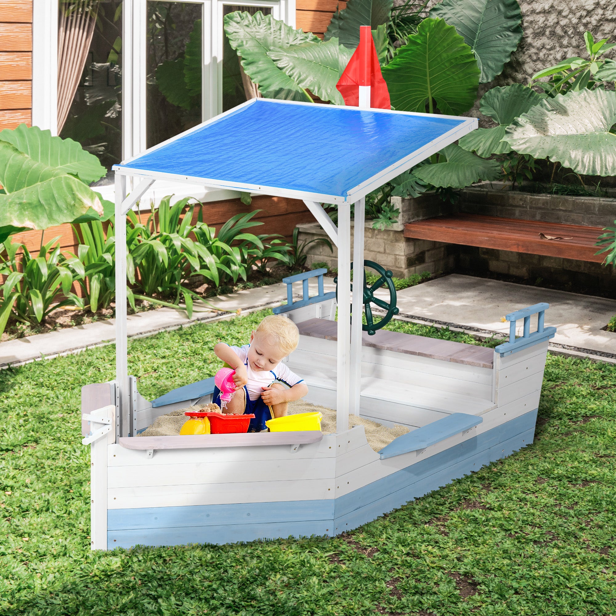 Kids Sandbox with Canopy, Pirate Ship Wooden Sand Boxes with Bench for Backyard, Sand Pit for Toddlers, 83" x 43", Blue
