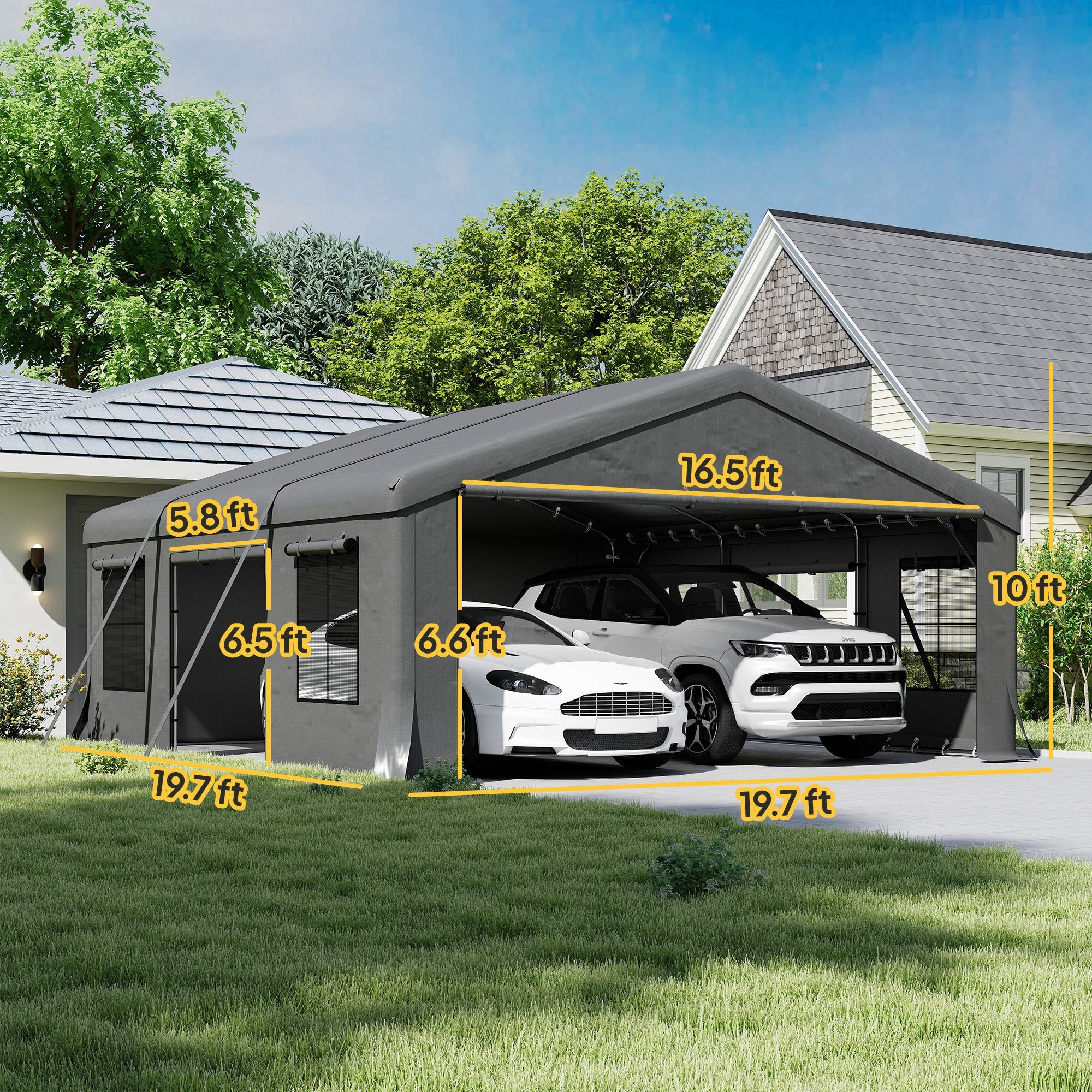 20' x 20' Heavy Duty Carport, Portable Garage Car Canopy Tent Shelter with 3 Roll-up Doors, 4 Windows, Dark Gray