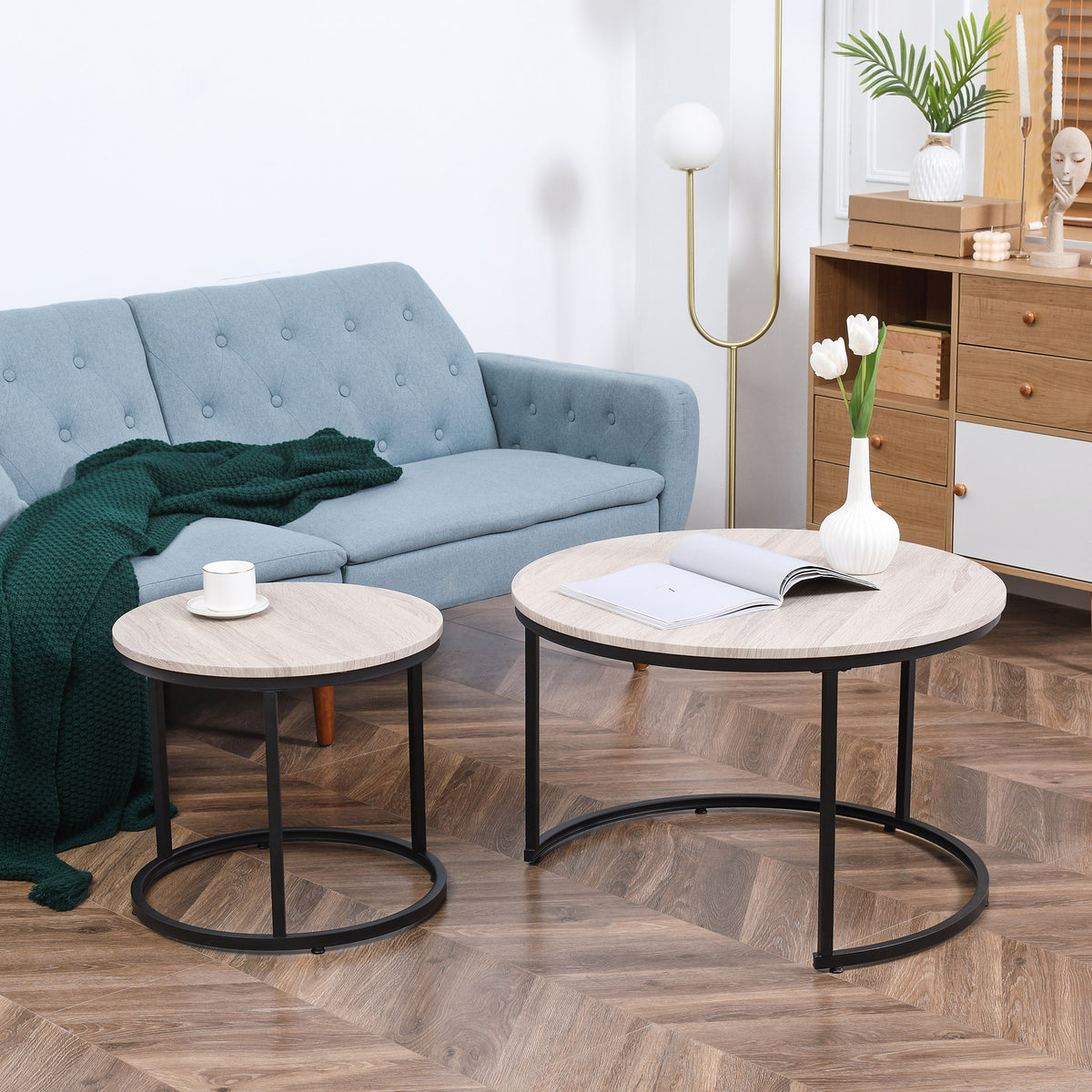 Round Nesting Tables Set of 2, Stacking Coffee Table Set with Metal Frame for Living Room, Grey