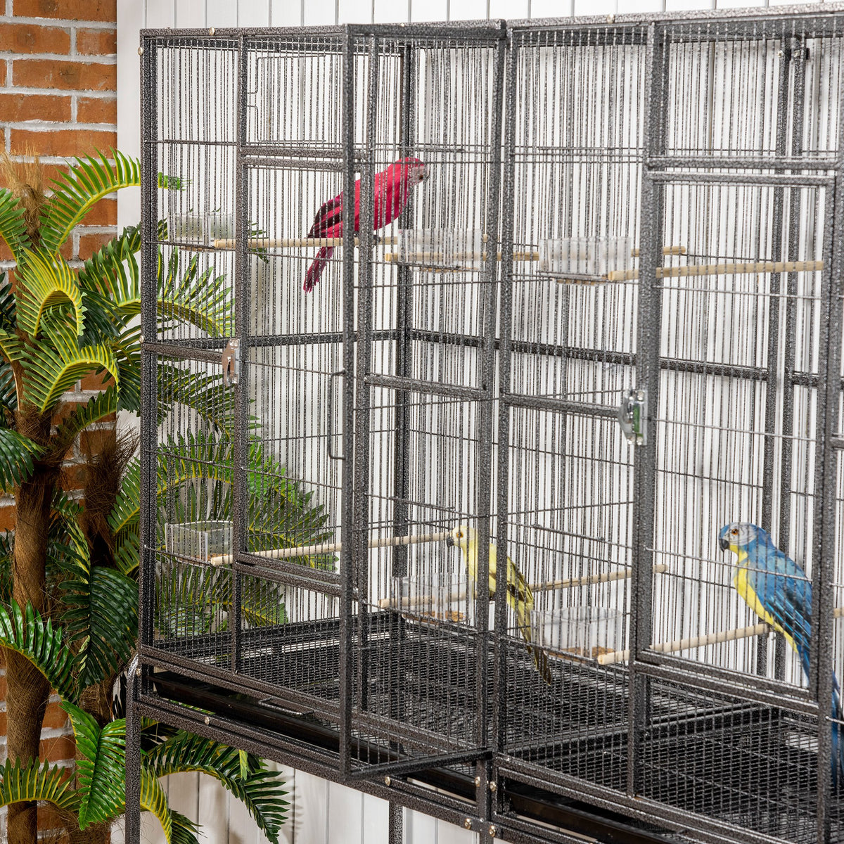 Rolling 65"L Bird Cage w/ Storage Shelf Wood Perch Food Container