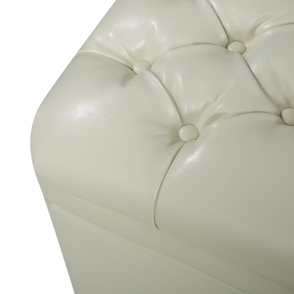 Storage Ottoman with Birch Legs, Faux Leather Tufted, 50" L x 20.5" W x 18.25" H, Spot Clean, Ivory
