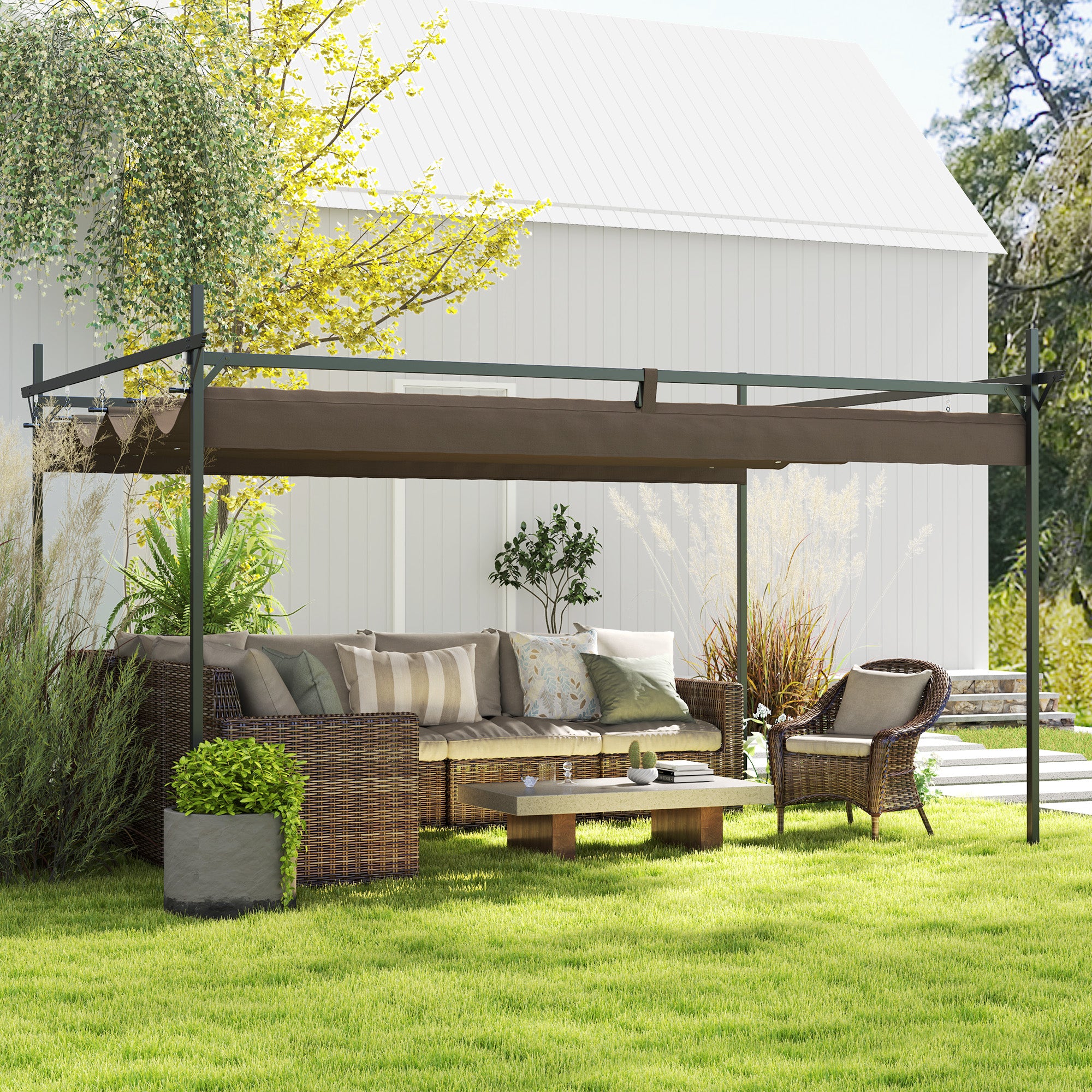 10' x 13' Metal Retractable Pergola Canopy, Outdoor Pergola for Garden, Patio, Backyard, Deck, Brown