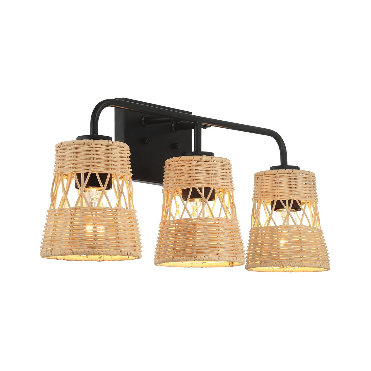 Stylish Three-Light Wall Sconce with Rattan Shade, Metal Finish, Bathroom Lighting Fixture Over Mirror, 6.5" L x 22.5" W x 9.5" H, Black