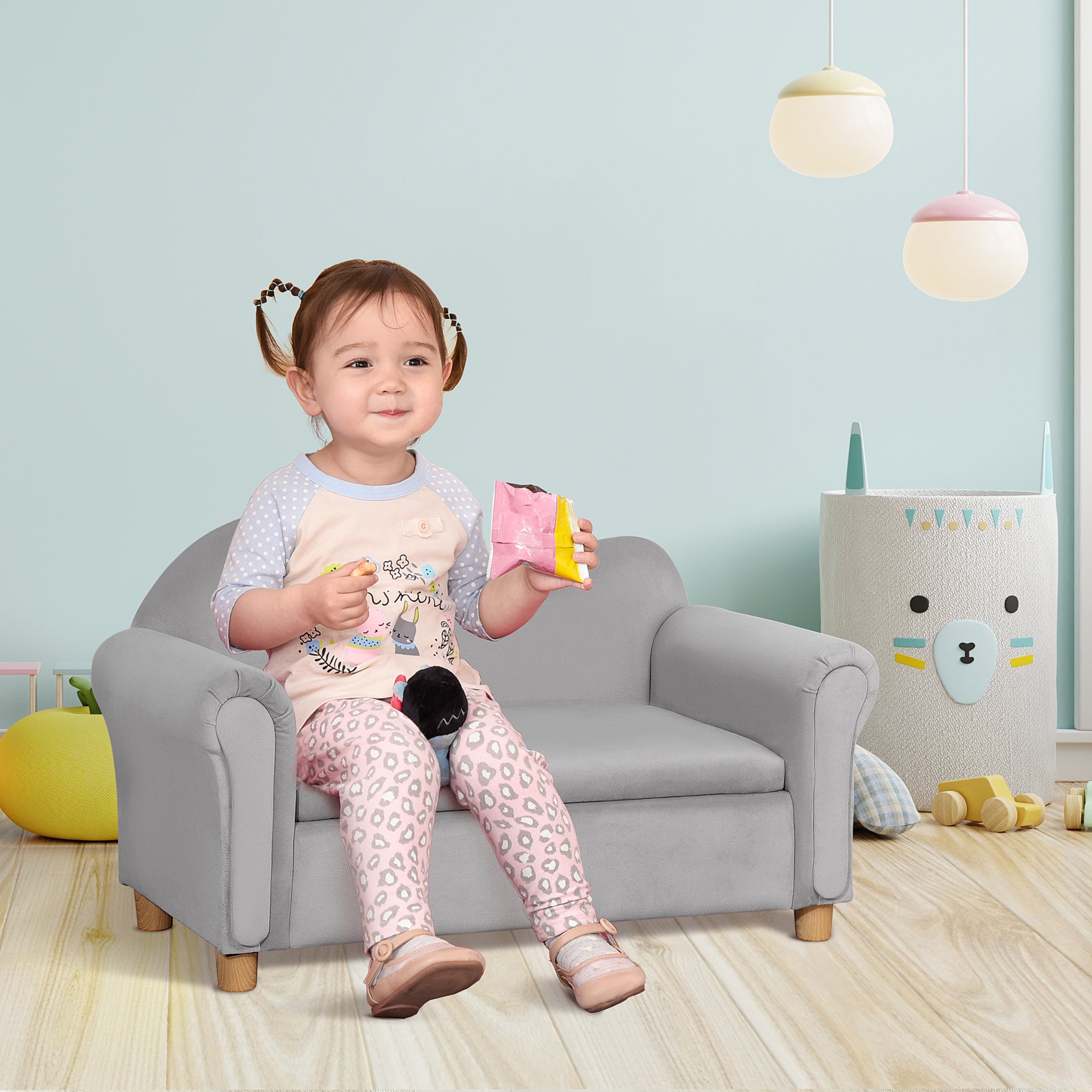 Ergonomic Foam Kids Sofa with Inner Toy Storage Chest, Velvet Kids Couch with Soft Arms, Children's Lounge Furniture, 33" x 16.25" x 19", Gray