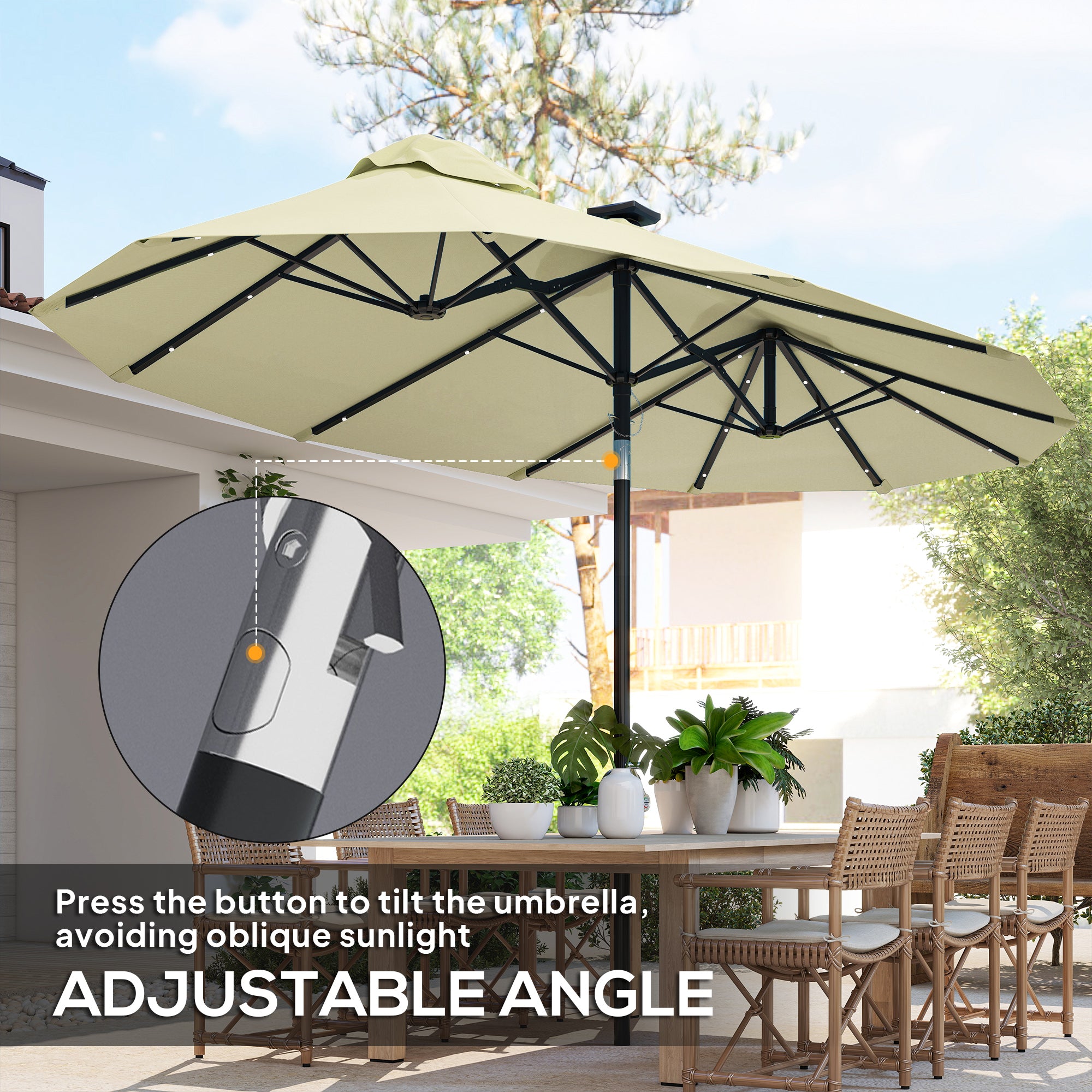 Double-sided Patio Umbrella, 9.7' Outdoor Umbrella with Tilt and Crank, LED Solar Light and 12 Ribs, Cream White