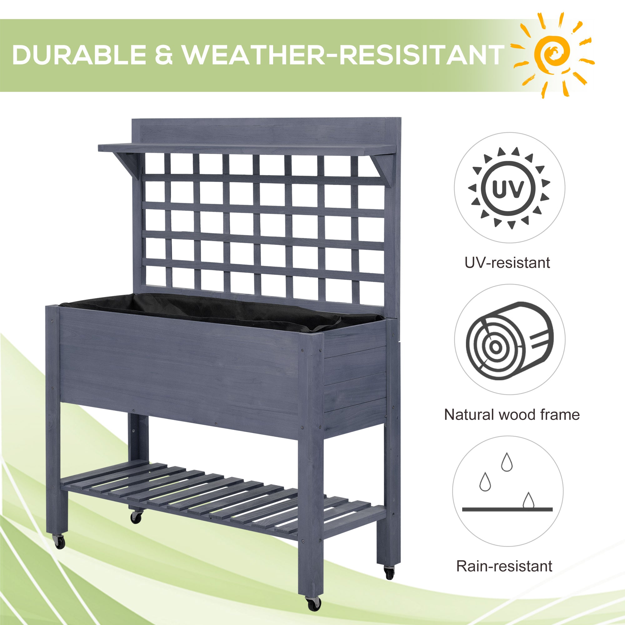 41" Raised Garden Bed Mobile Elevated Wooden Planter Box Stand with Wheels, Trellis and Storage Shelf, Gray