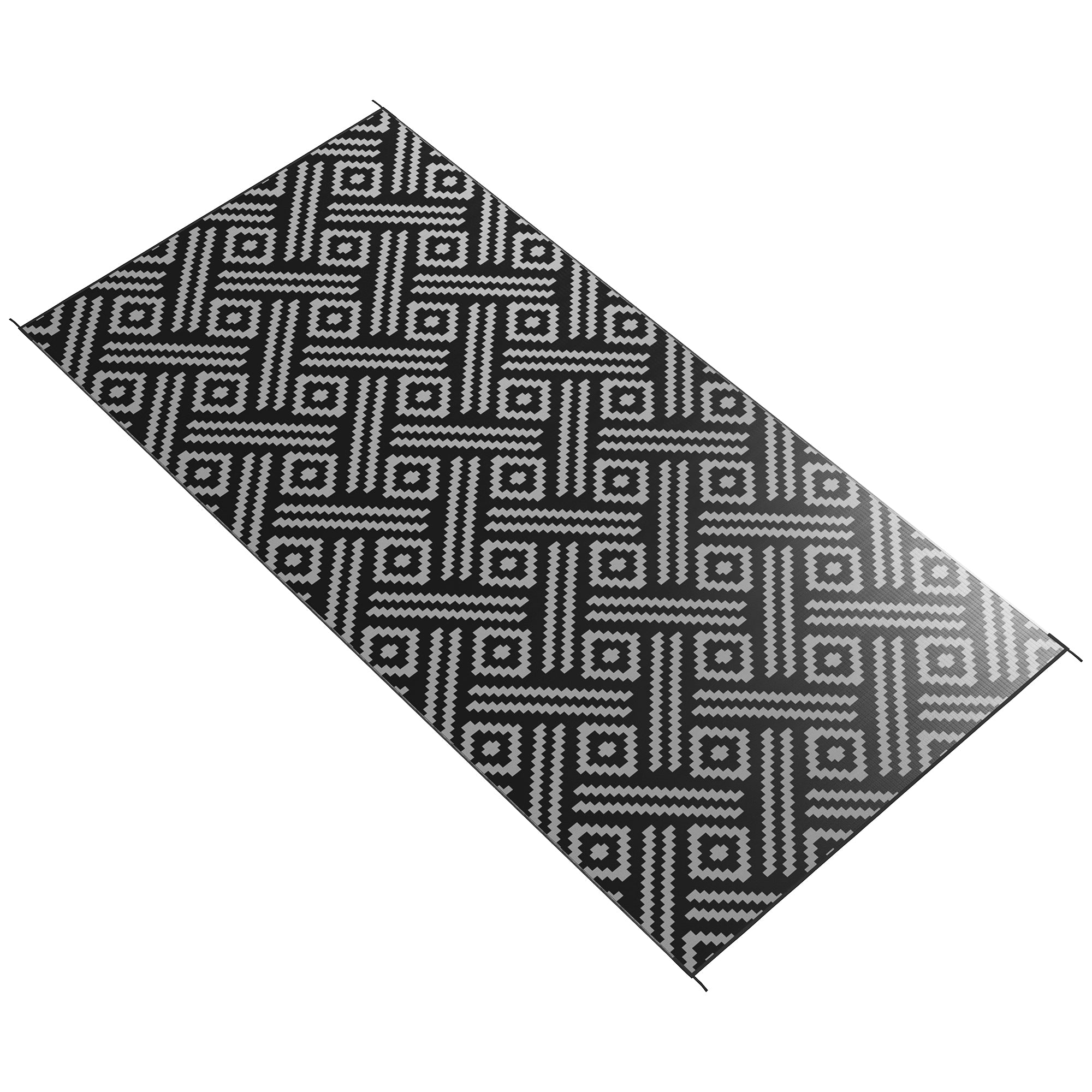 Reversible Outdoor Rug Carpet RV Camping Rugs with Carry Bag, 9' x 18', Black & Gray Geometric