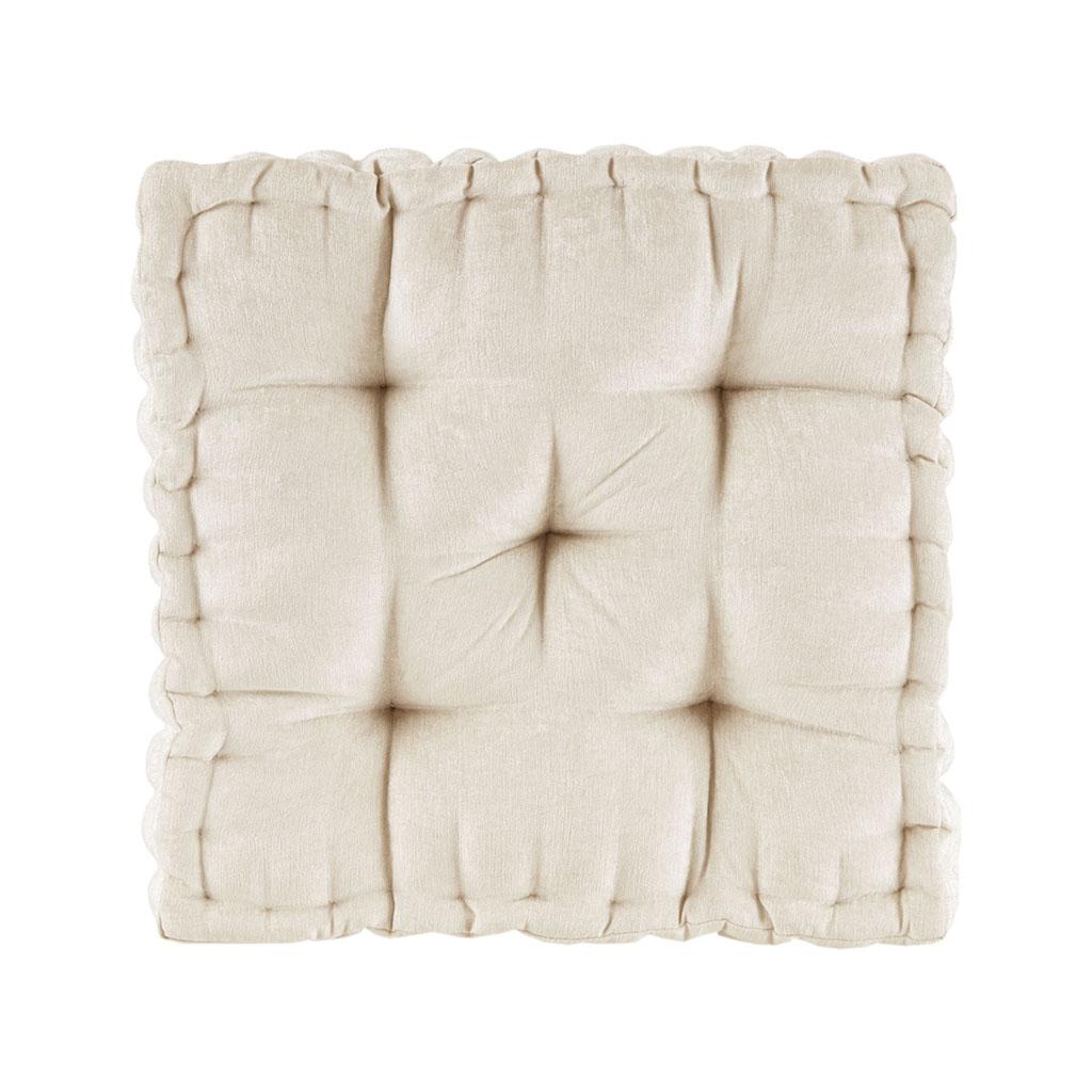 Textured Chenille Square Floor Pillow Cushion with Tufted Detailing, 100% Hypoallergenic Polyester, Scalloped Edge, 20" L x 20" W x 5" H, Ivory