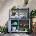Wooden Potting Bench with Storage, Aluminum Tabletop for Backyard, Patio, Balcony, Gray
