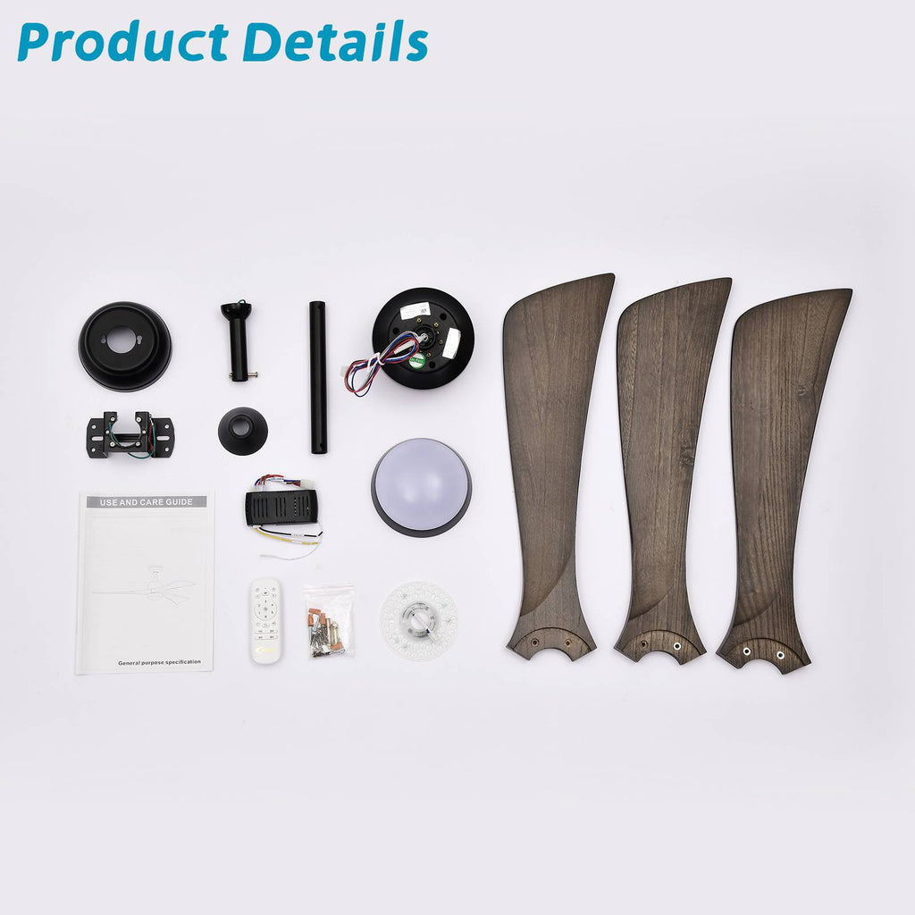 52" Ceiling Fan with Lights and Remote Control, Quiet DC Motor, 3 Blades, 6 Speed Levels, Reversible, for Indoor Patio, Living Room, Bedroom, Office, Matte Black