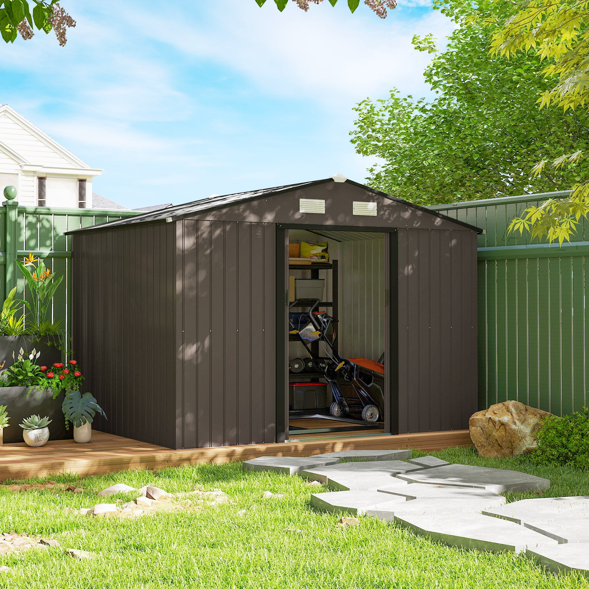 Outdoor Shed Garden Storage Shed Tool Storage Building with 4 Vents and 2 Sliding Doors, 9 x 6 FT, Brown
