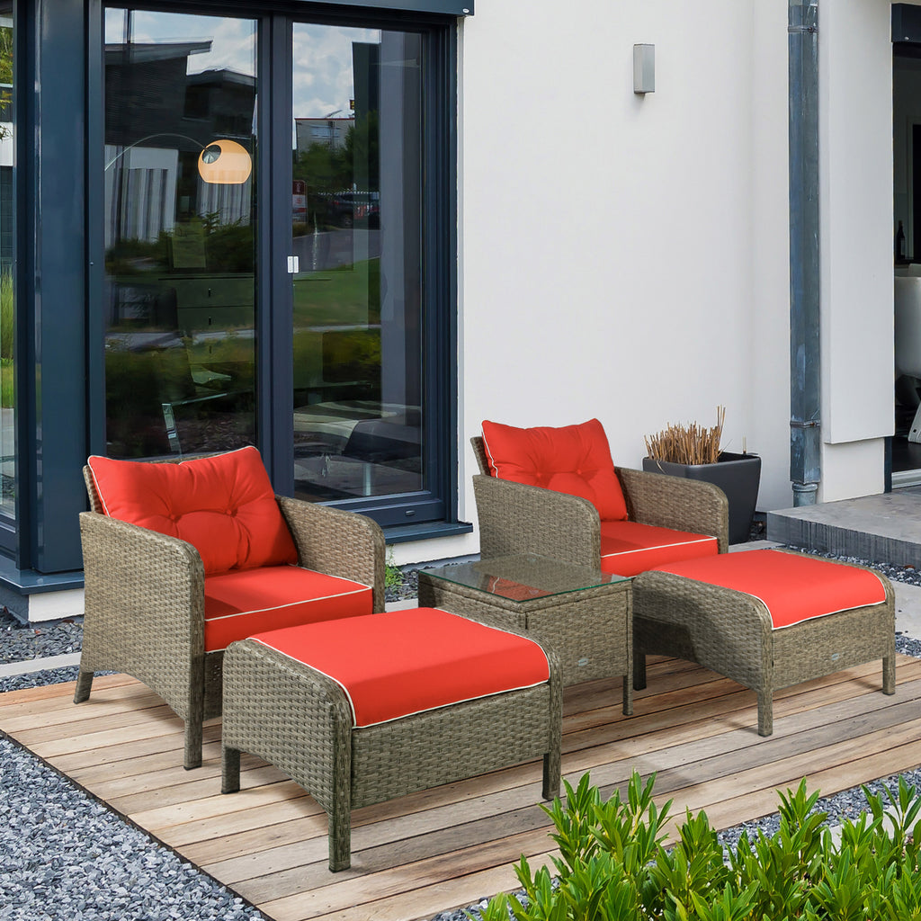 5 Pieces Rattan Wicker Lounge Chair Outdoor Patio Conversation Set w/ Cushioned Chairs, Ottomans and Tempered Glass Top
