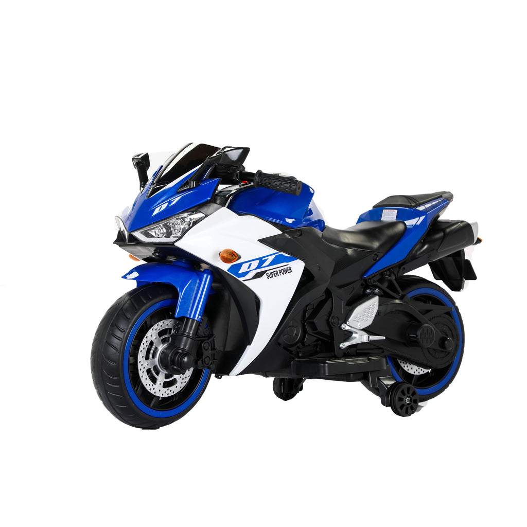 12V Kids Electric Ride-On Motorcycle with Training Wheels and Headlight, Motorbike with MP3 and Light-Up Wheels, 46" L x 20" W x 26" H, Blue