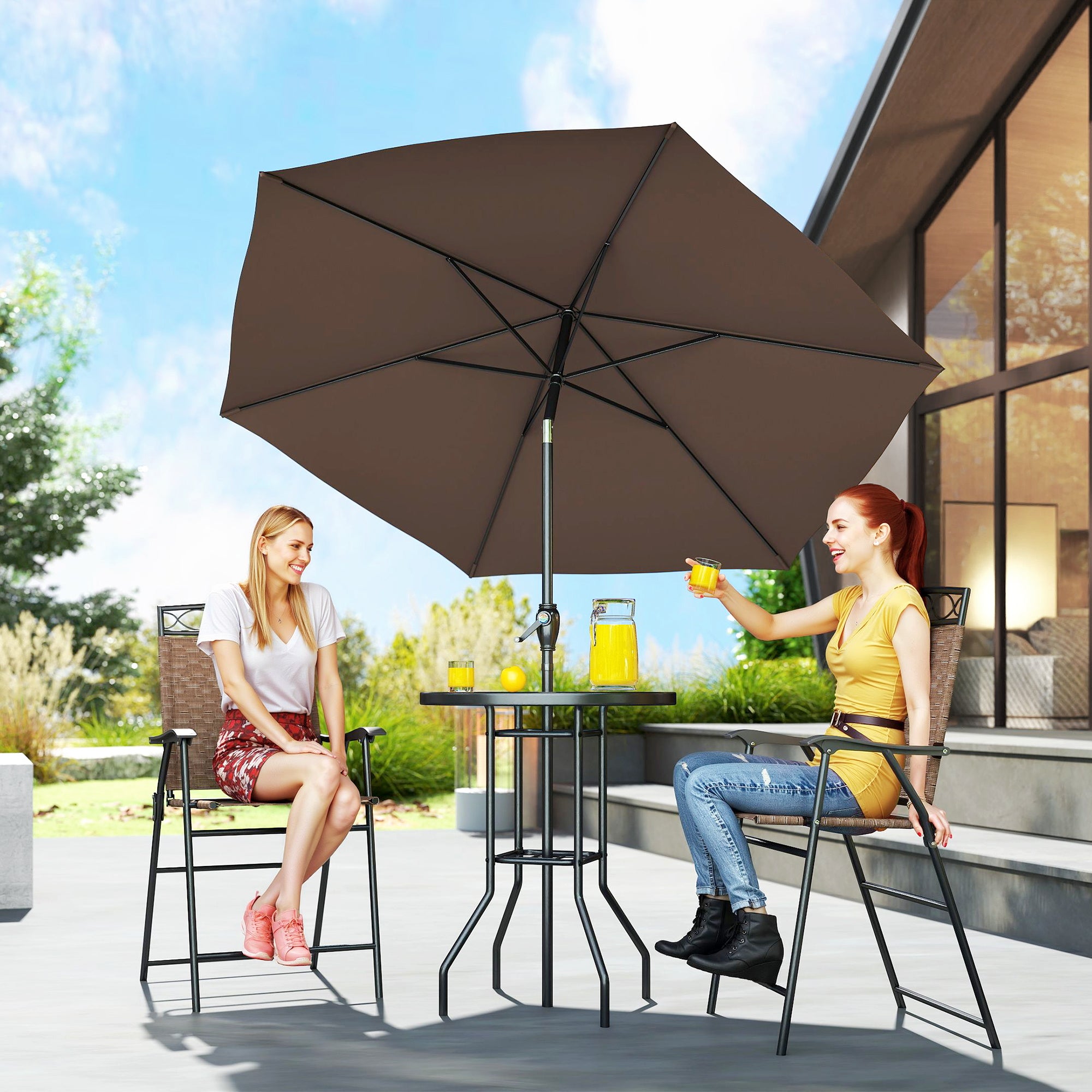 4 Piece Outdoor Bar Set with Umbrella, Patio Dining Set with 2 Folding Chairs, Wave Textured Tempered Glass Table for Backyard, Garden, Deck, Poolside, Brown