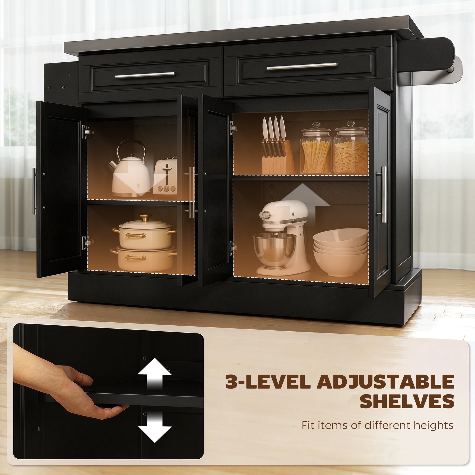 Rolling Kitchen Island Cart with 47" Stainless Steel Top, Portable Island Table for Kitchen with Wheels, Adjustable Shelves, 2 Drawers, Spice, Knife and Towel Rack, Black