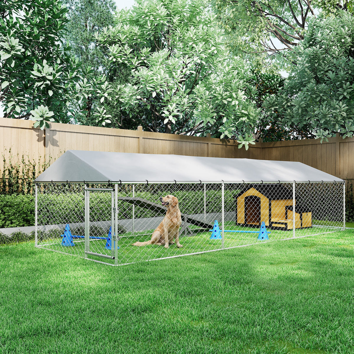20' x 7.5' x 5' Dog Kennel Outdoor for Large Dogs with Waterproof Roof, Silver