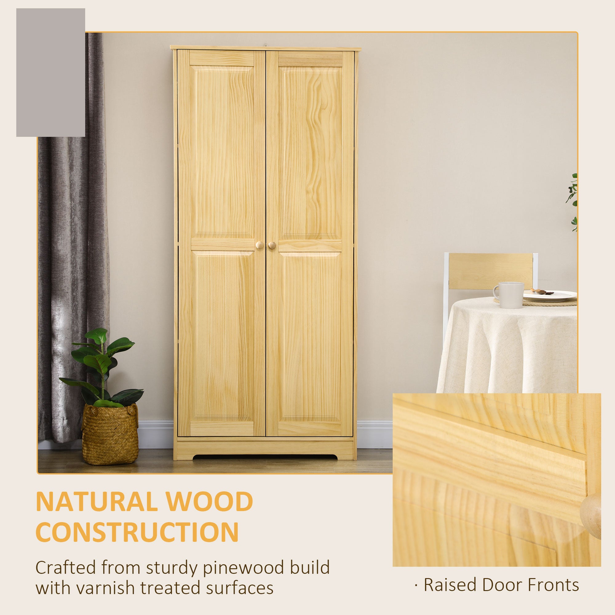 67" Pinewood Kitchen Pantry Storage Cabinet, Freestanding Cabinets with Doors and Shelves, Dining Room