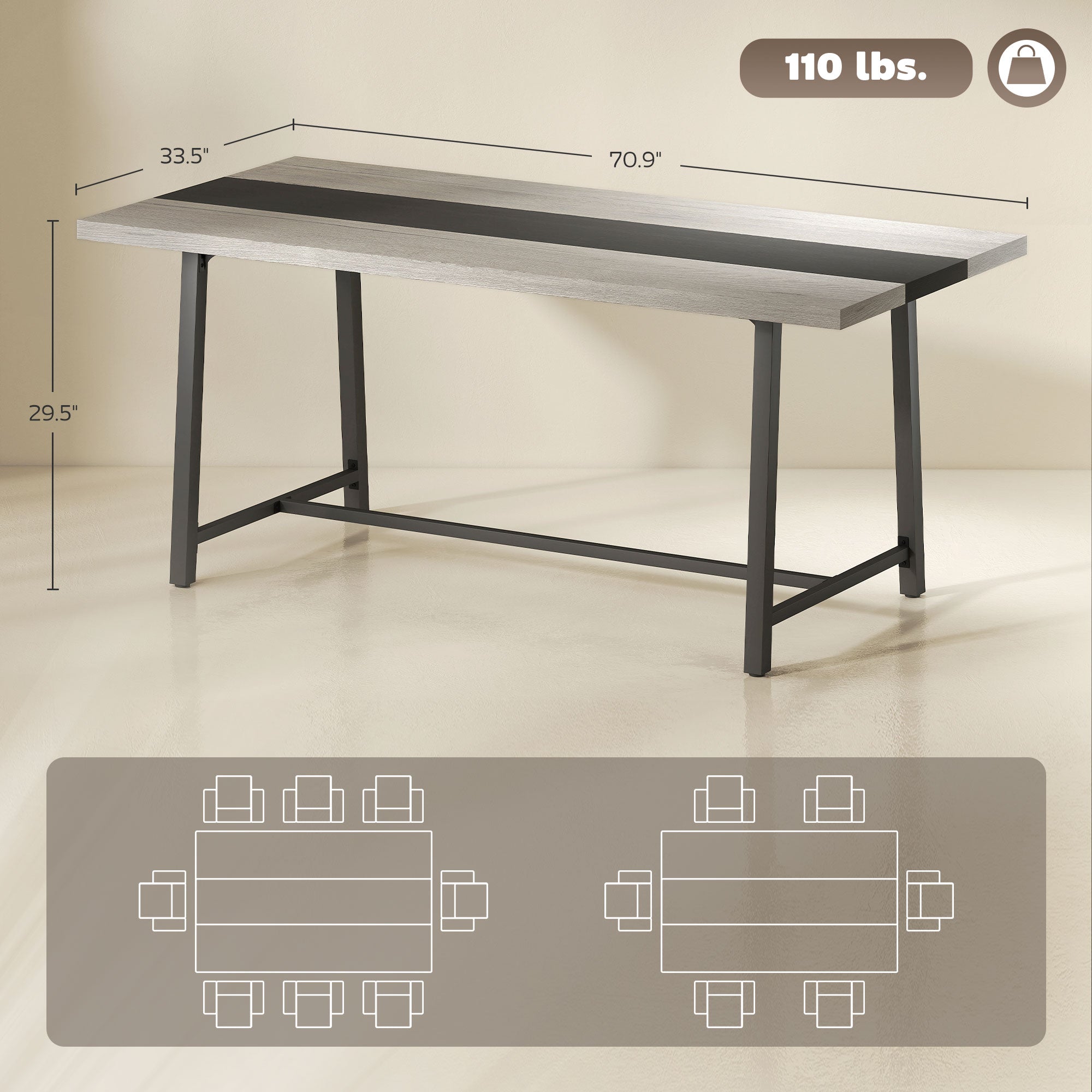 Industrial Kitchen Table for 8 People, 70.9" Long Dining Table with Large Tabletop and Steel Legs for Dining Room, Gray
