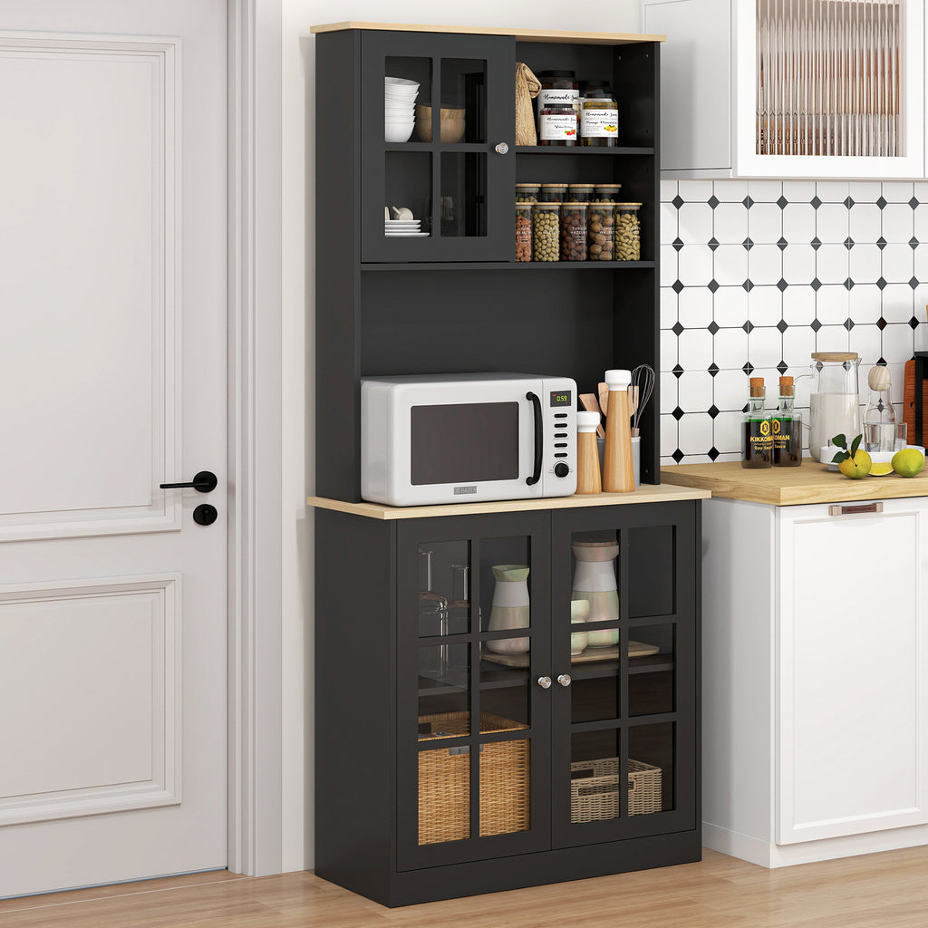 72" Kitchen Pantry Storage Cabinet with Hutch, Large Countertop, Glass Doors and Adjustable Shelves, Black