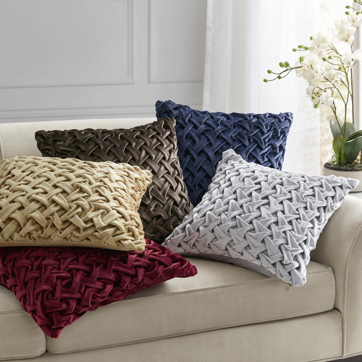 Velvet Ruched Square Decor Pillow with Removable Goose Feather Insert, Luxury Metal Zipper, Ideal for Sofa, Bed, 20" L x 20" W x 5" H, Navy