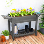 Wood Raised Planter Box, Elevated Garden Bed with Lockable Wheels, Side Tables, Bottom Shelf, Drain Holes, Gray