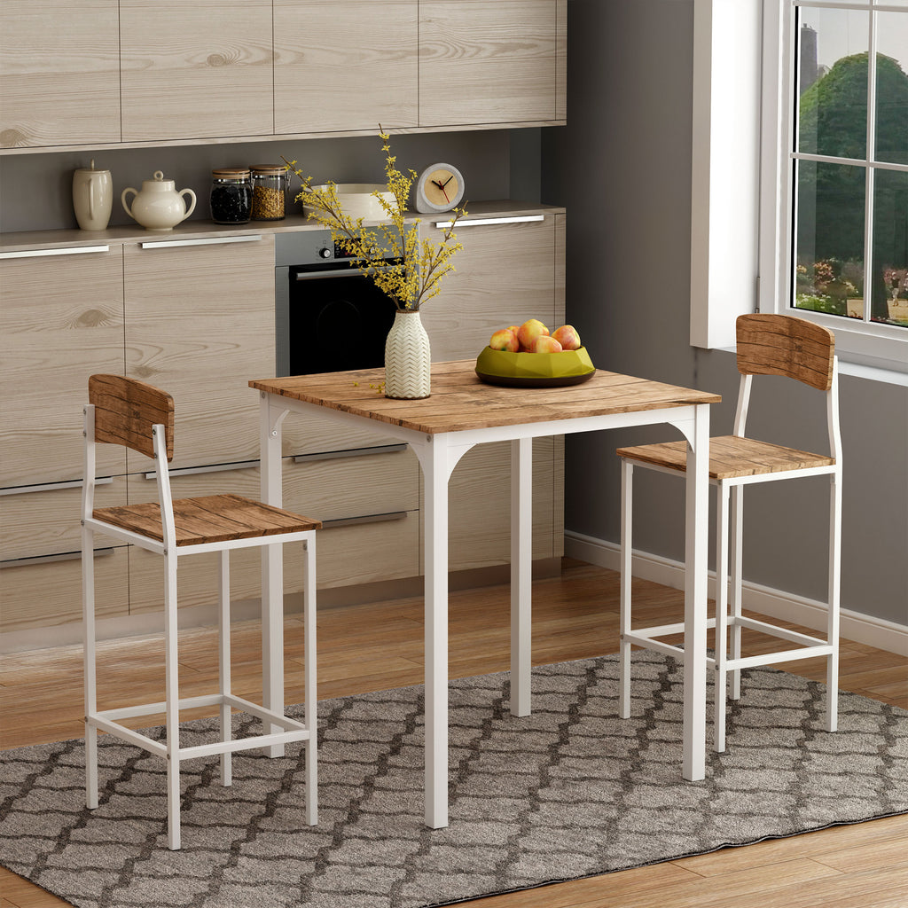 3 Piece Industrial Counter Height Dining Table Set, Bar Table & Chairs with Steel Legs & Footrests, White