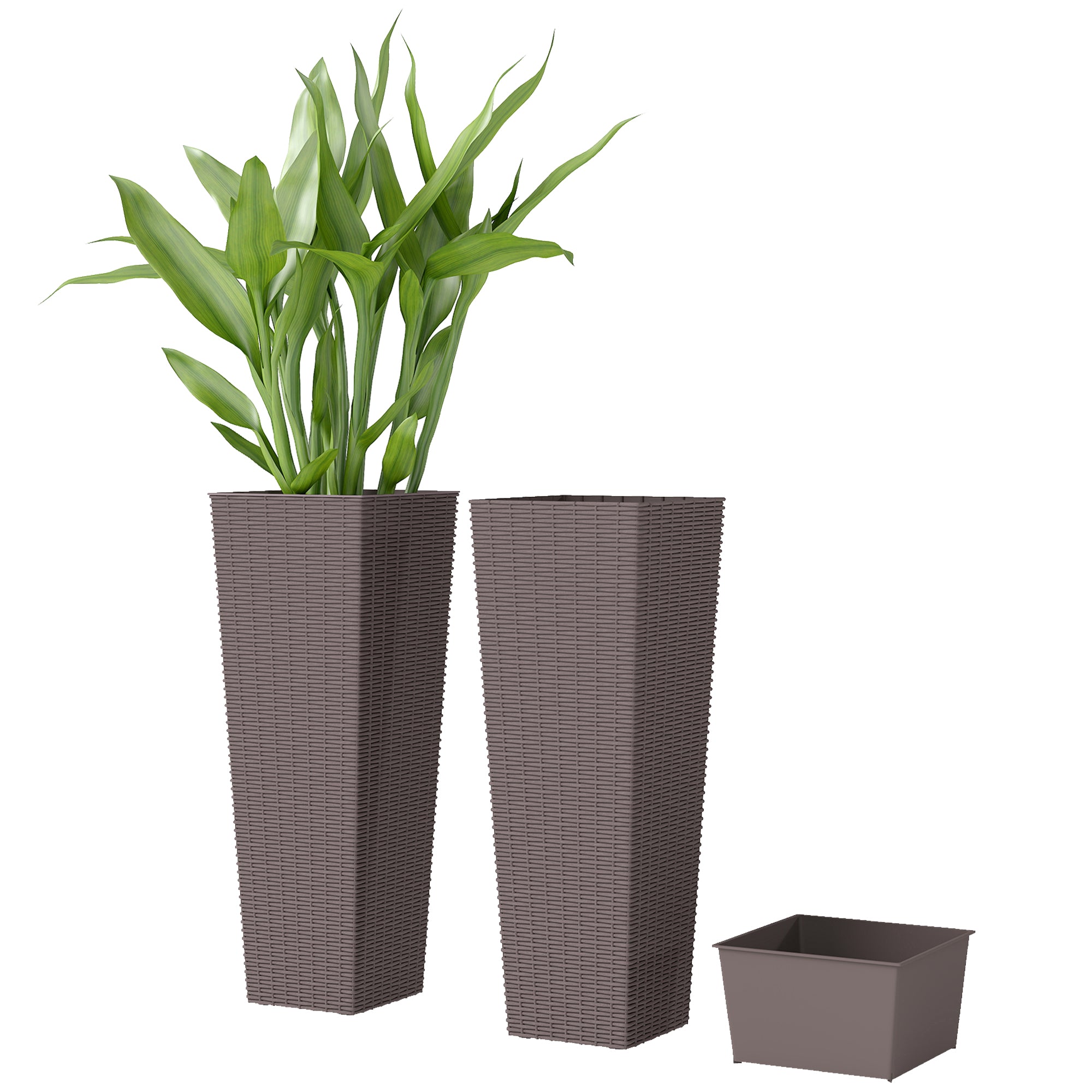 23.6 Inch Tall Planters for Outdoor Plants, Set of 2 Plastic Flower Pots with Drainage Holes, Brown