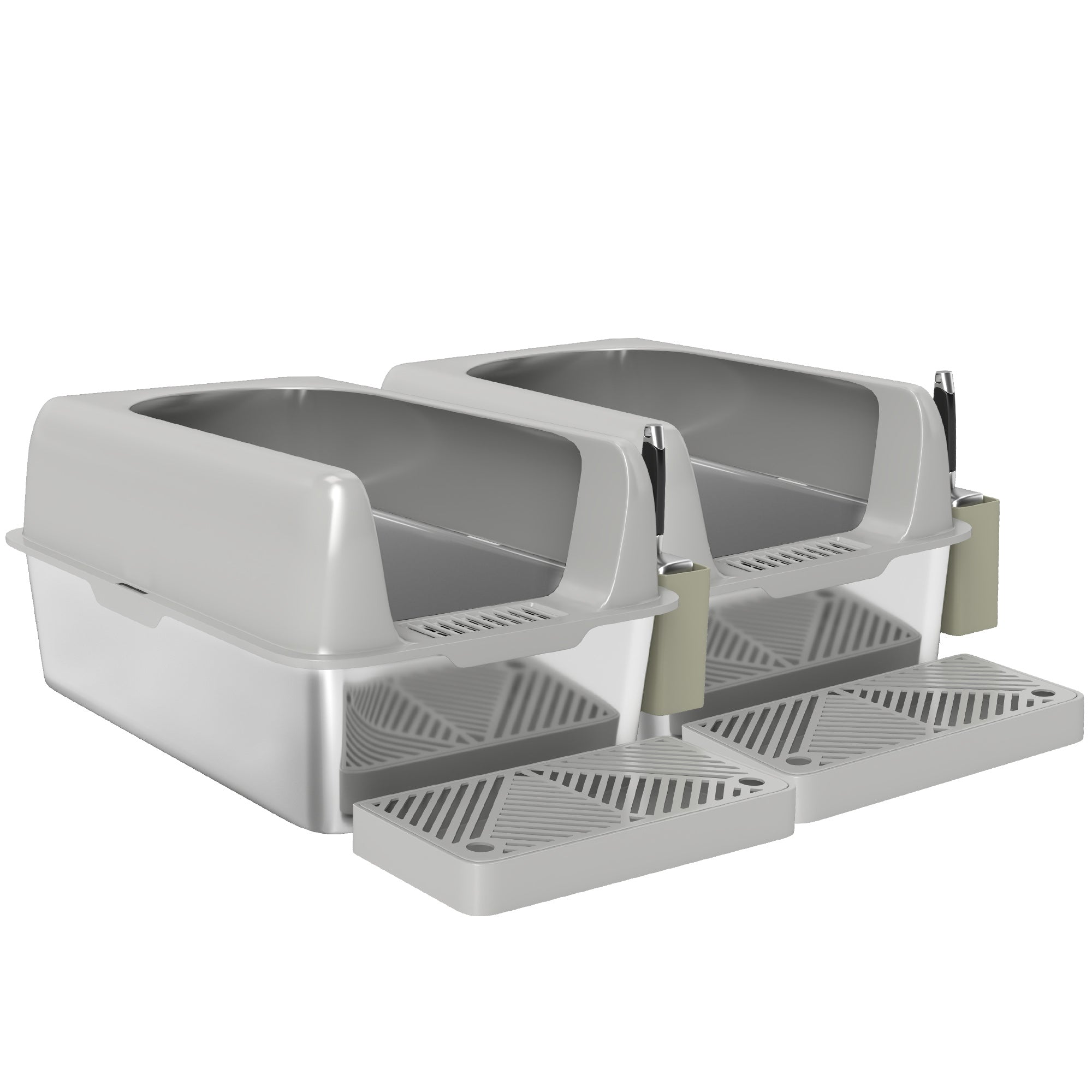 2 Pack Stainless Steel Litter Box with Metal Scoop & Scoop Holder, High Sided, Anti-Urine Leakage, Non-Sticky