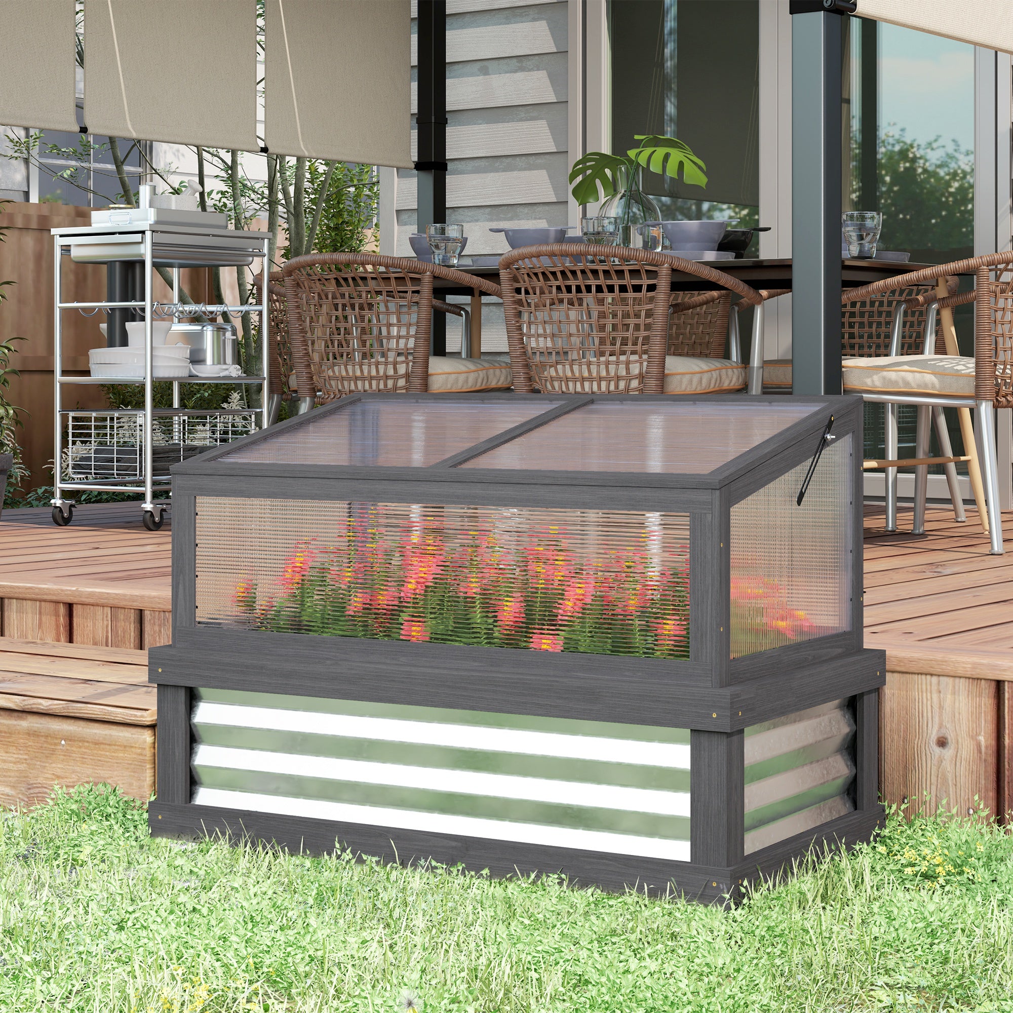 Raised Garden Flower Bed Kit with Lean-to Greenhouse, Wooden Cold Frame Planter, 41" x 22.5" x 28.25", Gray