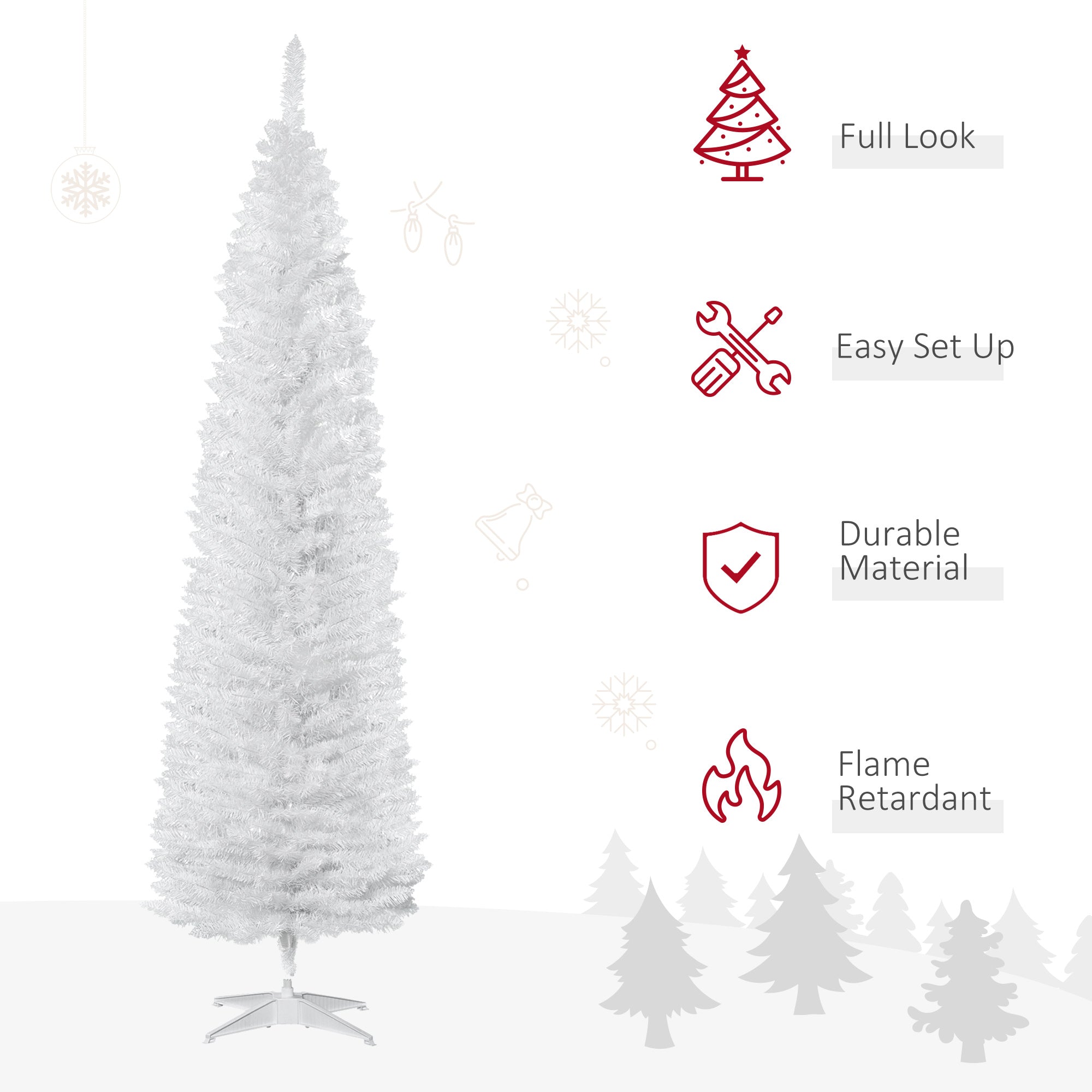 7ft Unlit Pencil Artificial Christmas Tree with Realistic Branches and 499 Tips, Plastic Base, White