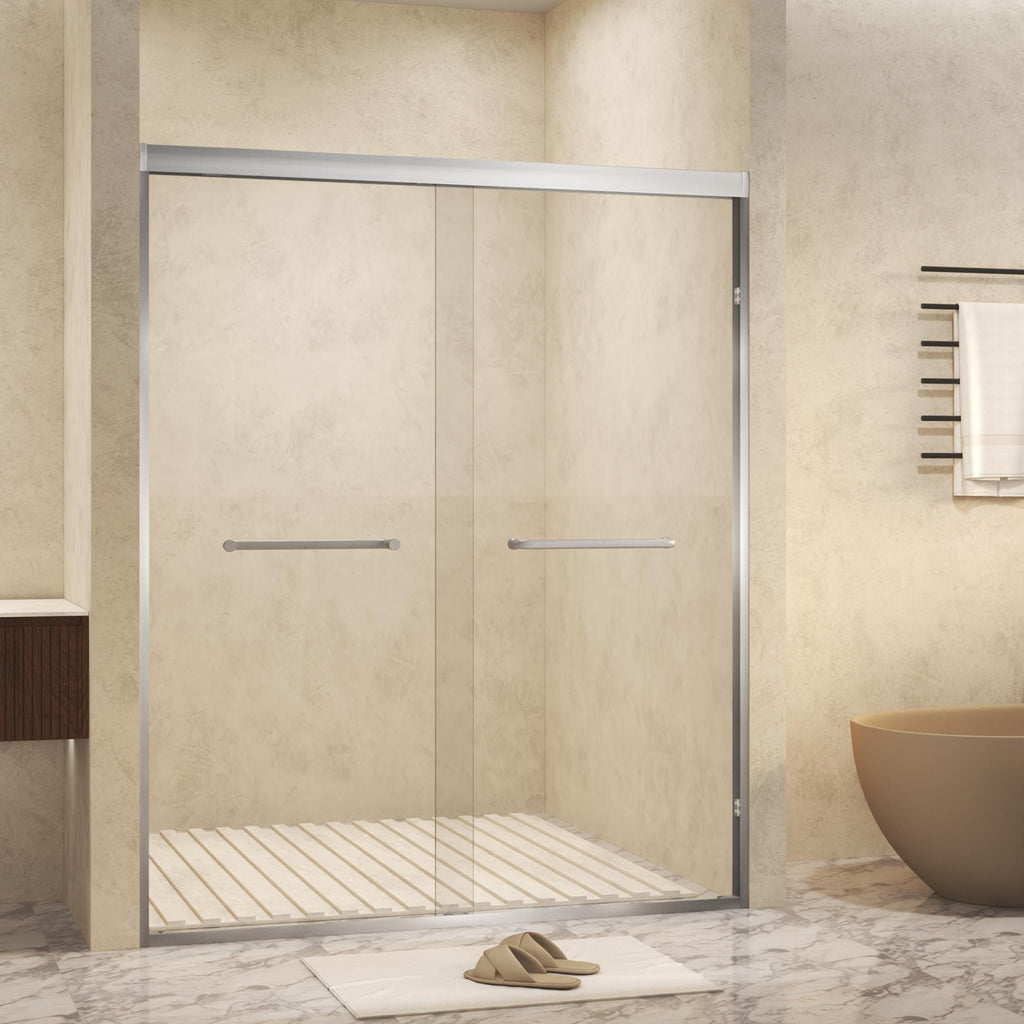 Double Sliding Shower Door with Explosion-Proof Safety Film, Durable Aluminum Panel for Bathroom, 54" L x 0.5" W x 72" H, Brushed Nickel