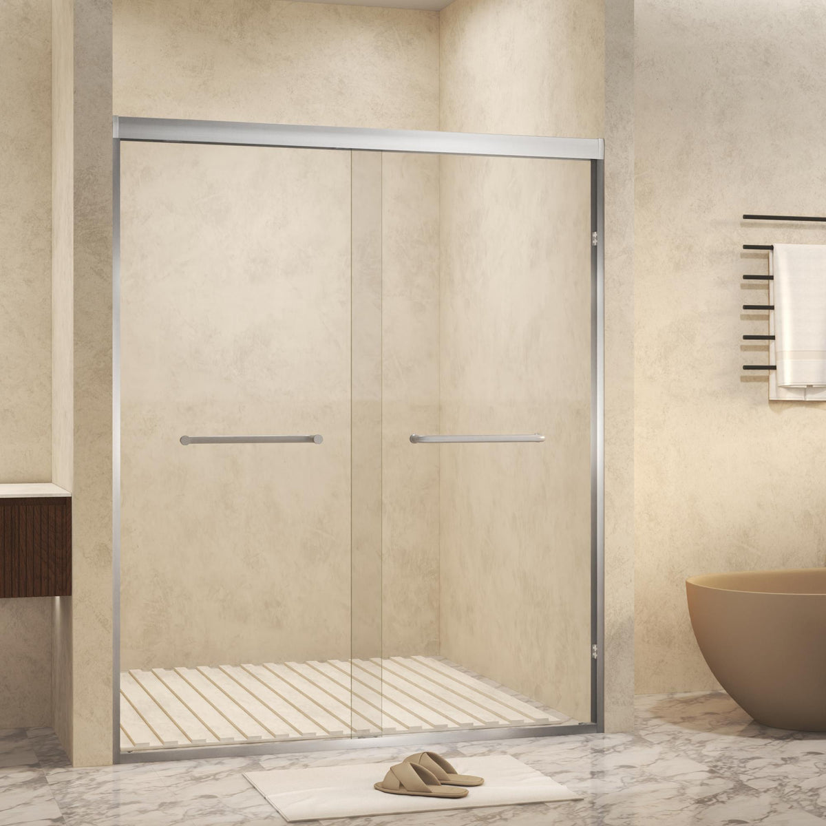 Double Sliding Shower Door with Explosion-Proof Safety Film, Durable Aluminum Panel for Bathroom, 54" L x 0.5" W x 72" H, Brushed Nickel