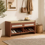 Shoe Bench with Cushioned Seat Shoe Storage Bench with 2 Rattan Drawers and Open Shelf Brown