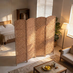 Room Divider 4 Panel, 6FT Tall Folding Privacy Screen, Freestanding Hand-Woven Partition for Room Separation with 360° Hinges, Paper Rope Diamond Weave, Natural
