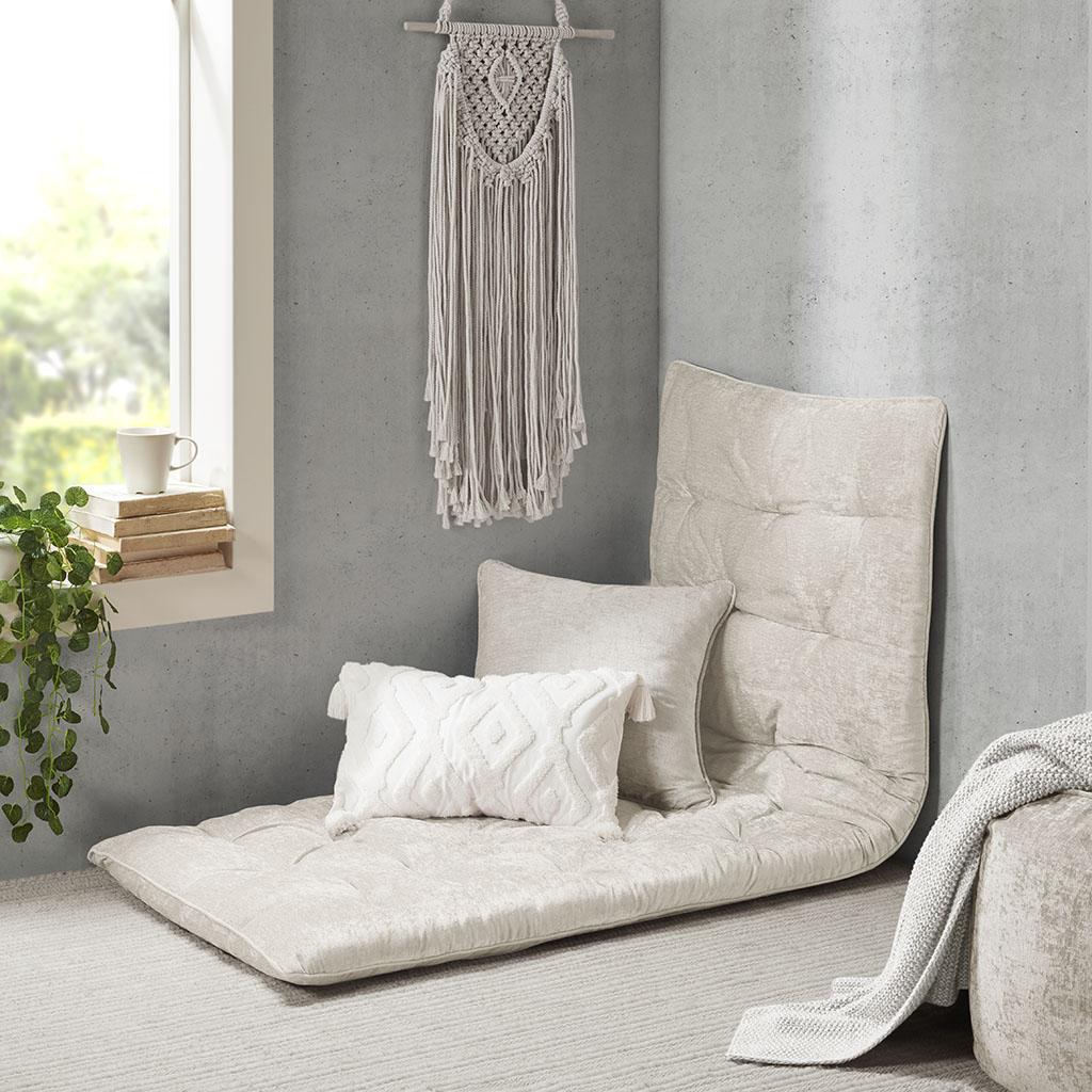 Lightweight Poly Chenille Floor Pillow with All-Over Tufted Detailing, Minimalist Lounger Cushion for Bedroom, Study, 74" L x 27" W x 3" H, Ivory