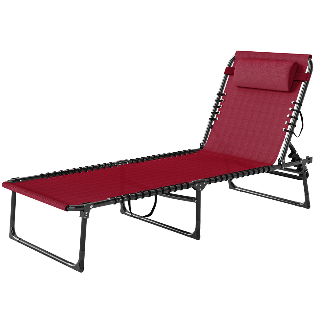 Folding Chaise Lounge Pool Chair with 4-Position Reclining Back, Pillow, Breathable Mesh & Bungee Seat, Wine Red