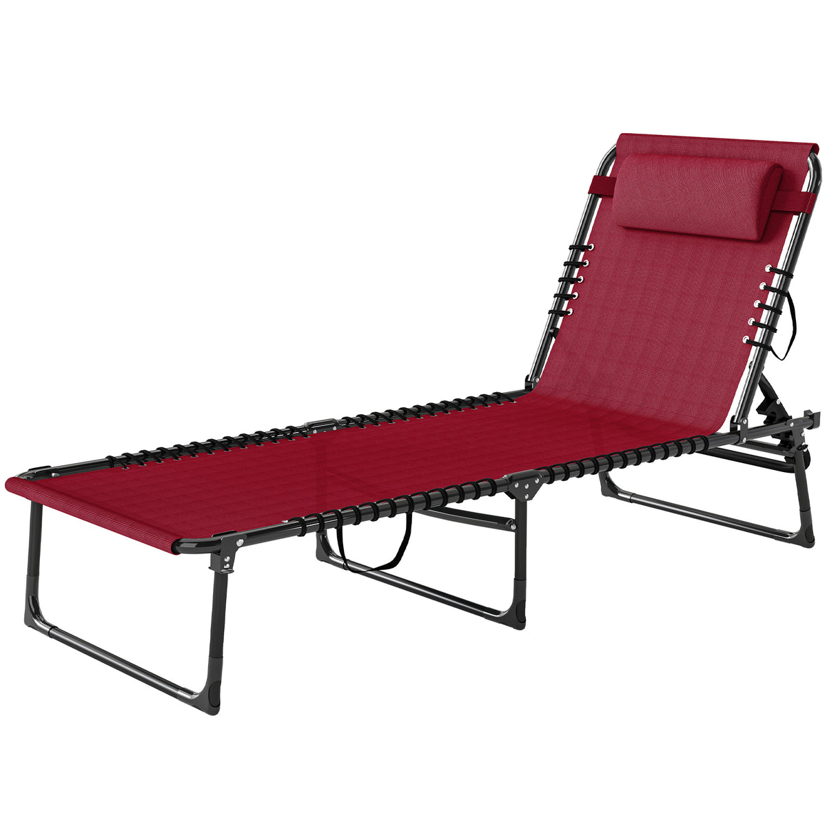 Folding Chaise Lounge Pool Chair with 4-Position Reclining Back, Pillow, Breathable Mesh & Bungee Seat, Wine Red